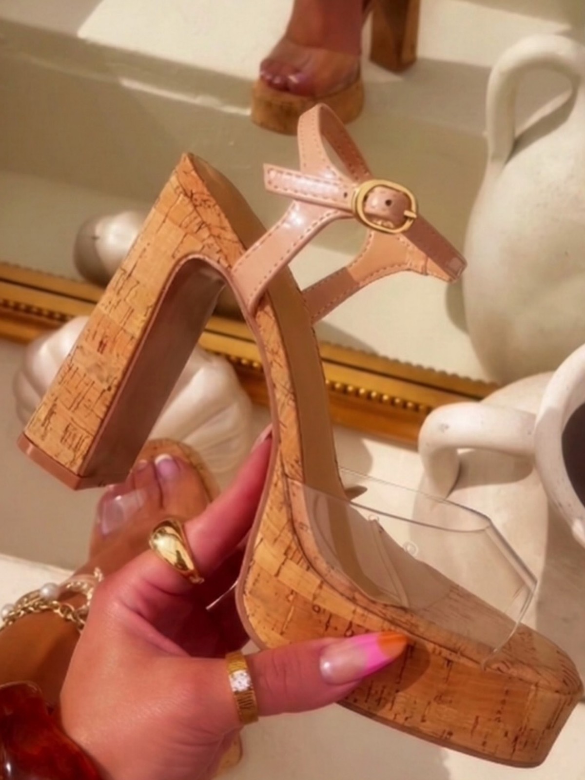 New Womens Transparent Nude Open Toe Cork Platform Sandal Block Heel Ankle Strap