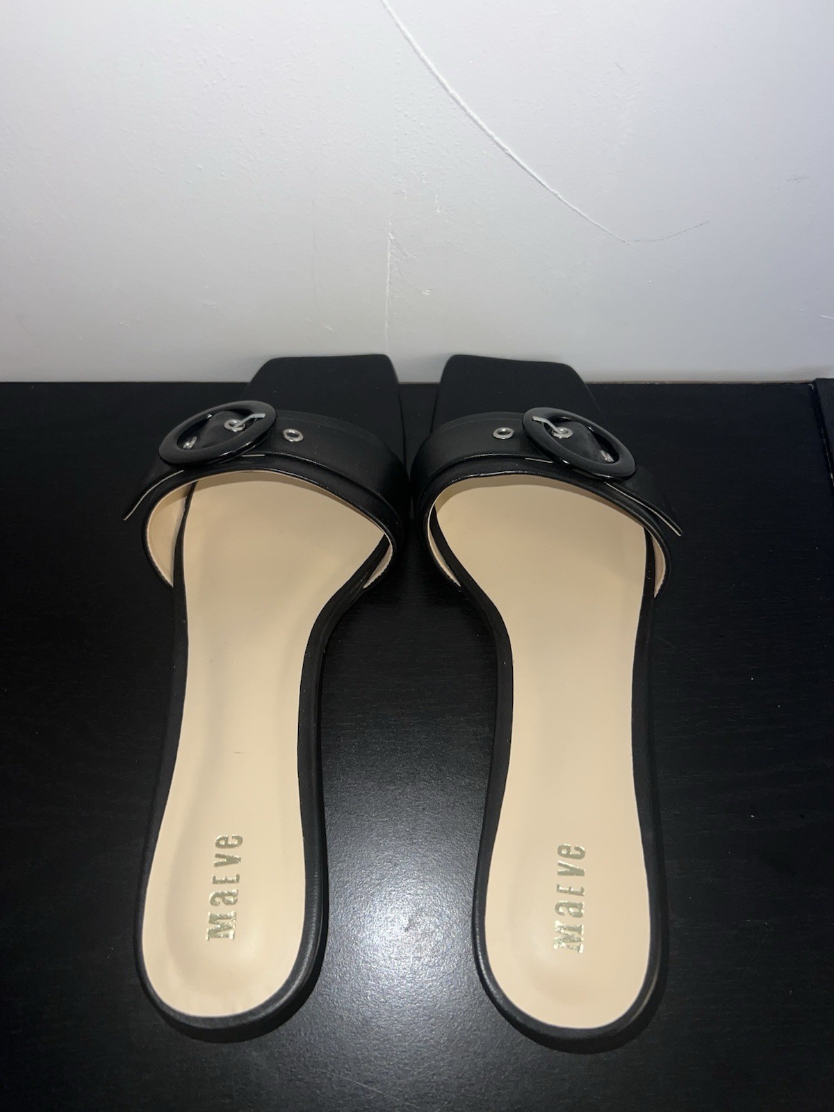 Maeve Black Sandals Women’s Size 8 Buckle Square Toe Leather Made in Brazil