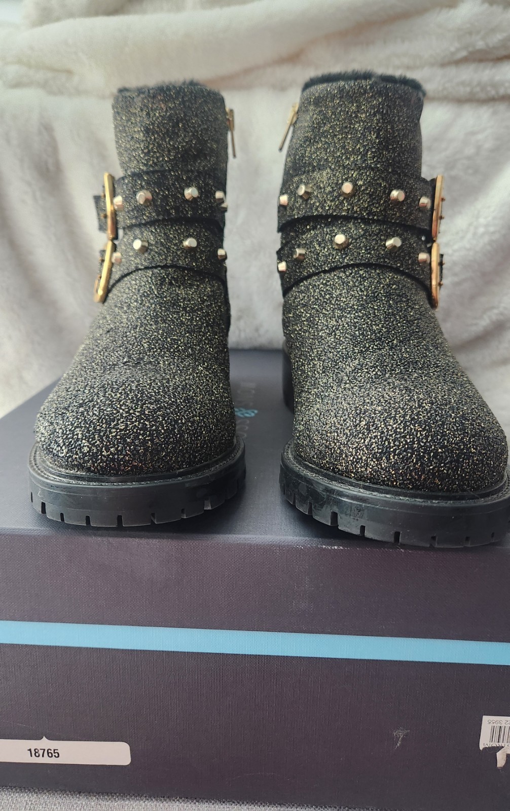Ross & Snow Women’s Black/Gold Glitter Studded Double Buckle Ankle Boot, Size 10