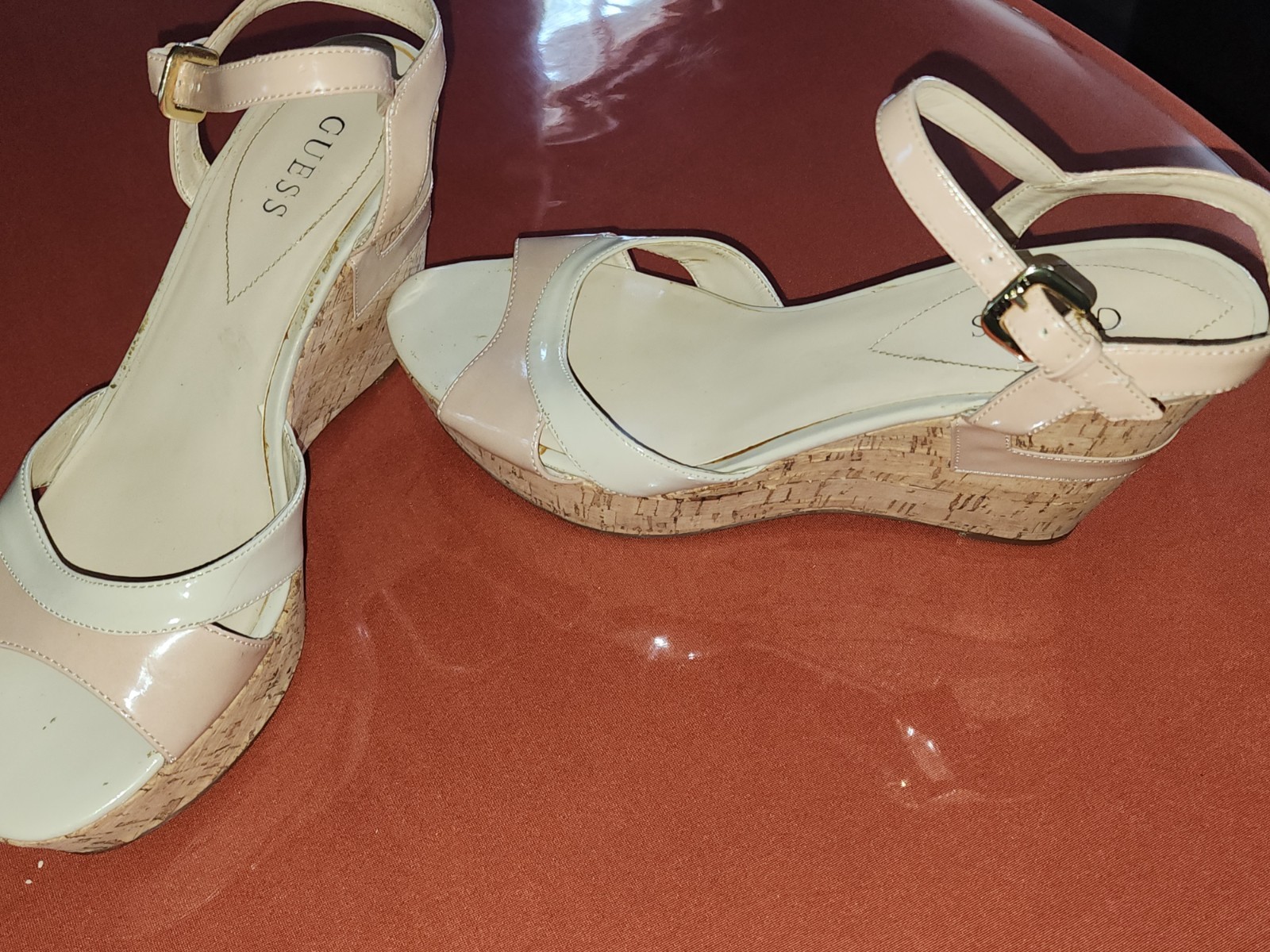 Size 11 Guess Blush And Tan Patent Leather 4 Inch Wedge Sandal