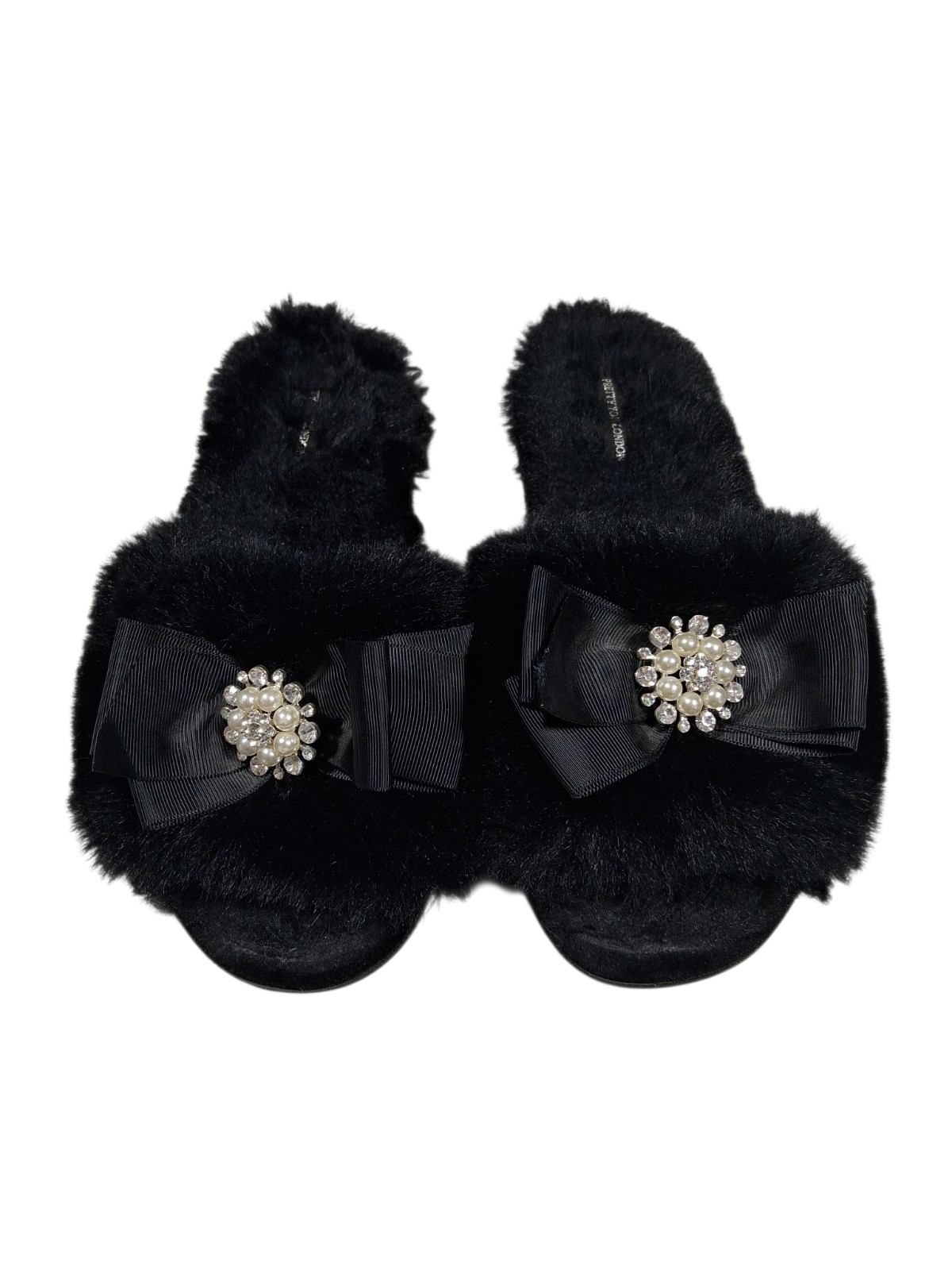 Pretty You London Anya Faux Fur Slippers Black Bow Pearl Womens Large 8 9