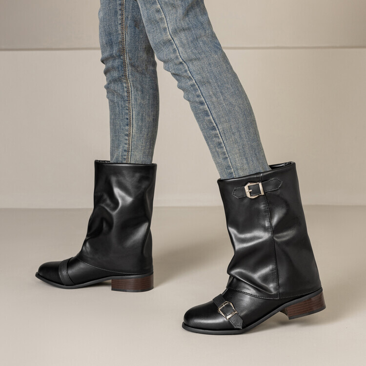 Gladiator Womens Riding Ankle Boots Buckle Pull On Punk Low Block Heel Shoe Lady