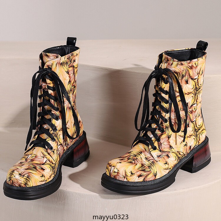 Women’s Mid Cuban Heel Ankle Boots Knight Printed Casual Lace Up Winter Shoes
