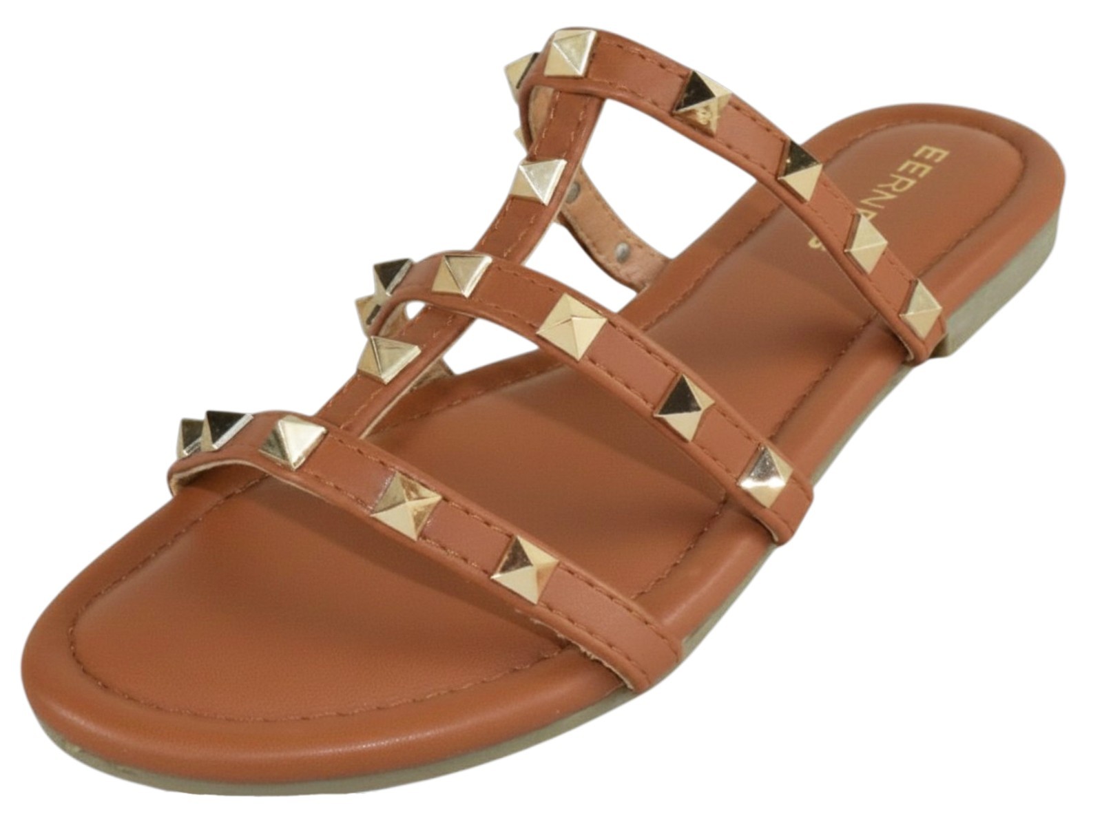 Berness Women Studded Sandals Strappy Slip-On Metal Studs CAMBRIA Brown Camel