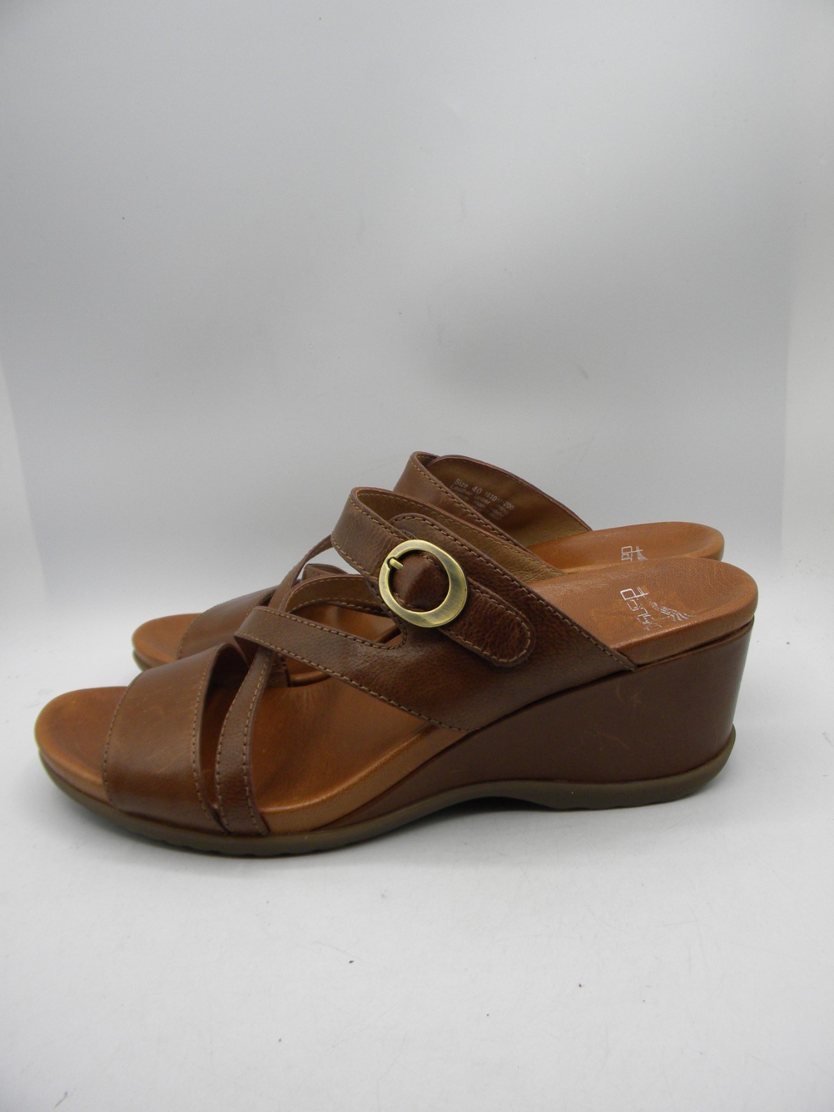 DANSKO Ana Brown Leather Wedge Heel Strappy Slide Sandals Size 40 Display