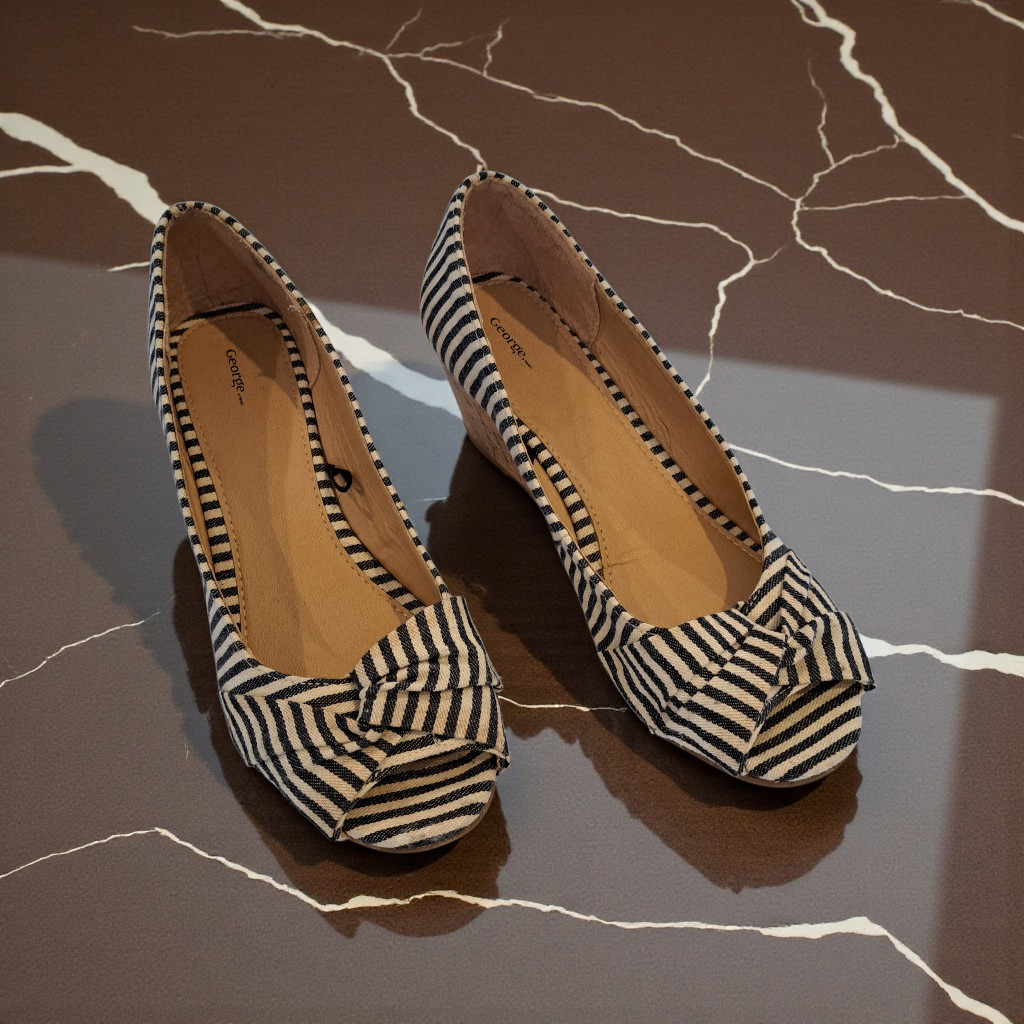 George Striped Flat Slip Ons Black & White Cork Sole and Wed Heel Size 9