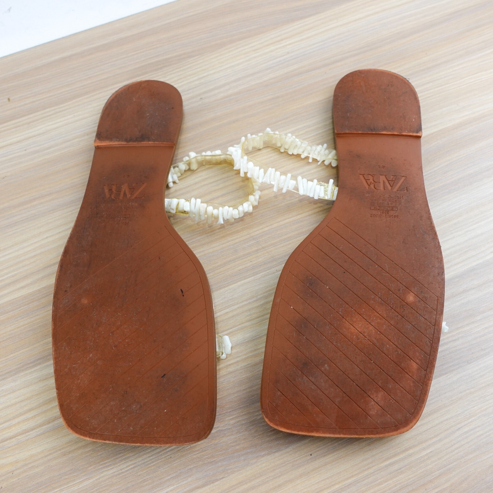 ZARA Coastal Boho Beaded Flat Sandals Womens 10.5 White Strappy Beach Slides