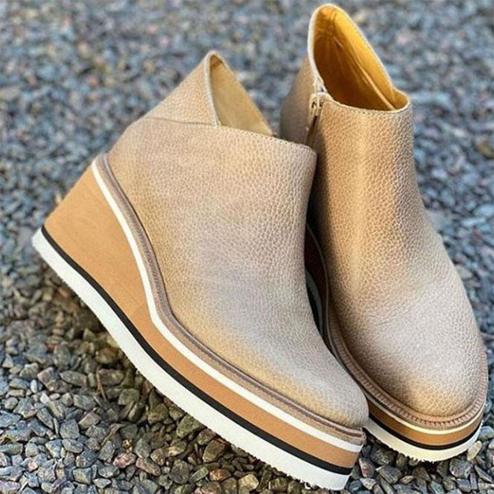 Women’s Ladies PU Leather High Mid Heel Wedge Work Ankle Boots Size UK2.5-8.5