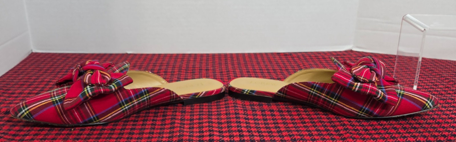 J.Crew Womens Red Tartan Plaid Bow Pointed Toe Christmas Mule Flats Size8 Plaid