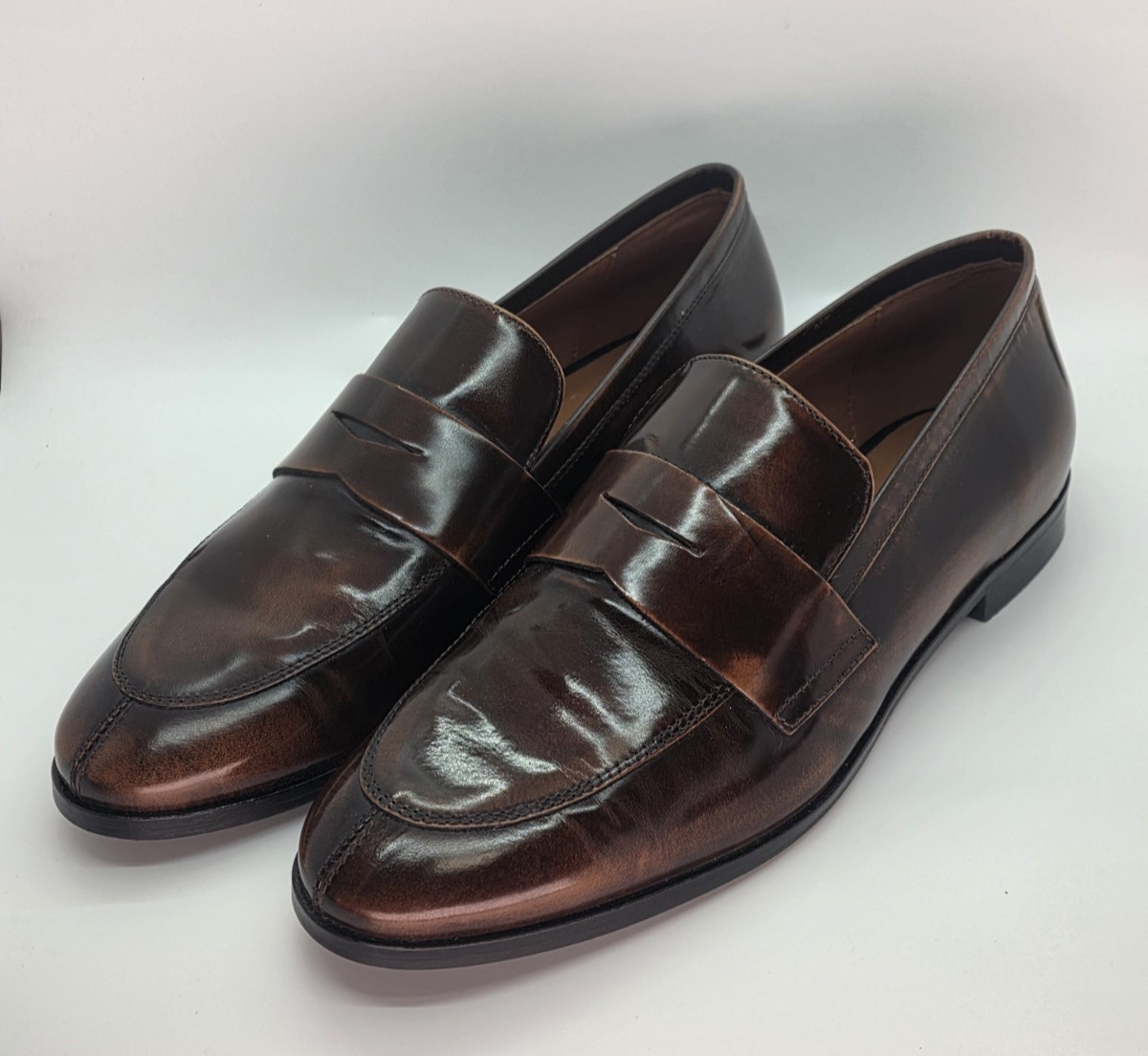 Anthroplogie Maeve Classic Brown Burnished Distressed Penny Leather Loafers 6.5
