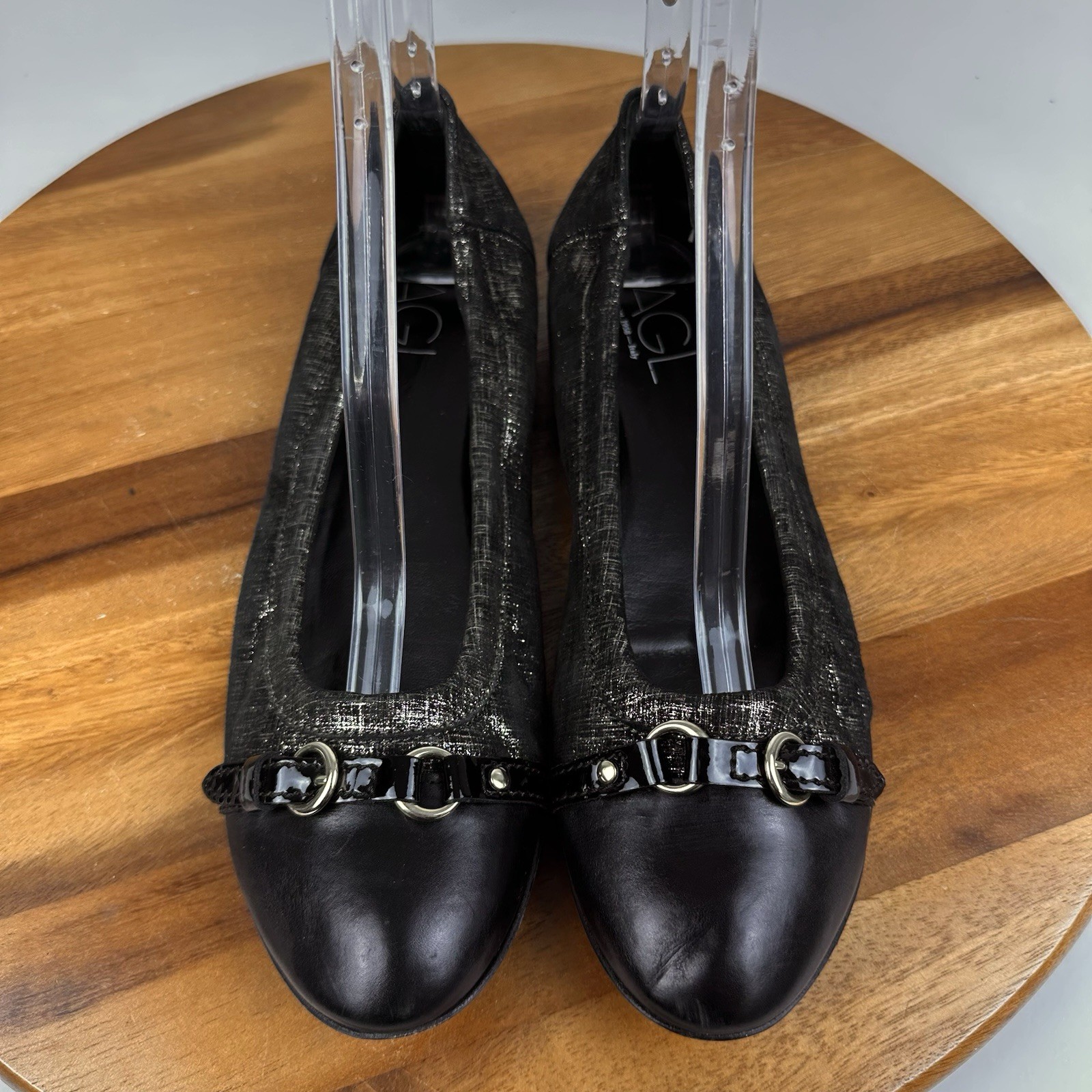 Womens AGL Black Bronze Metallic Leather Slip On Cap Toe Ballet Flats Size EU 42
