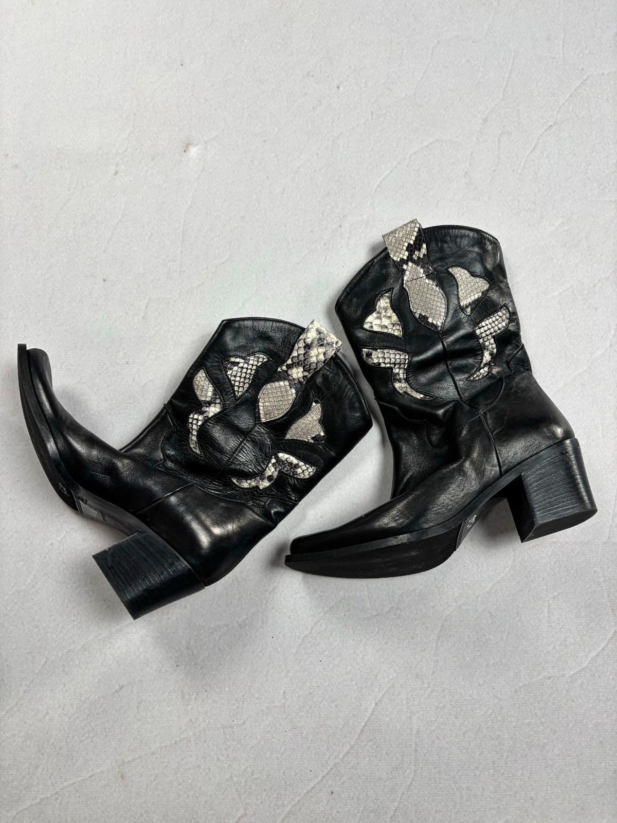 Vintage Italian Leather Cowboy Boots Python Inlay Western Biker Y2K EU 38 Rare