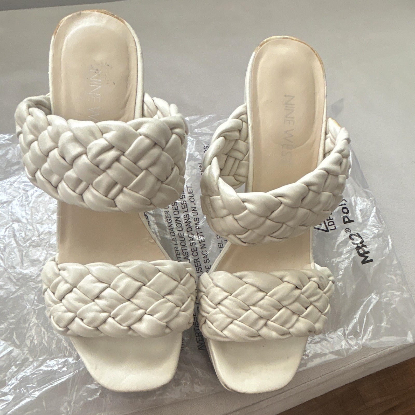 Nine West Women’s Beige Leather Braided Strap Slip-On Wedge Sandals 6