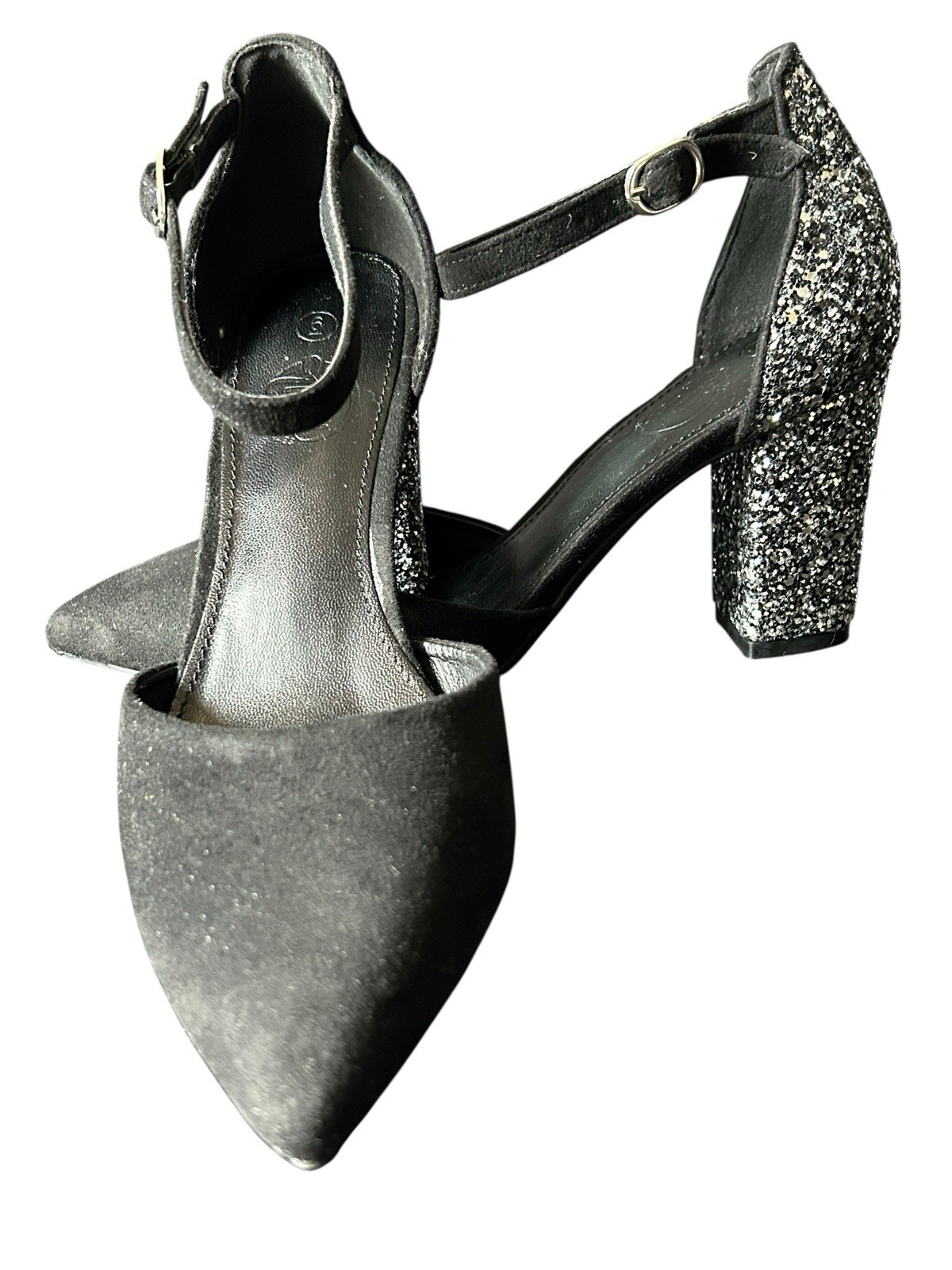 Trary Better Moves Ankle Strap Heels Womens Size 6M Black with Silver Sparkles