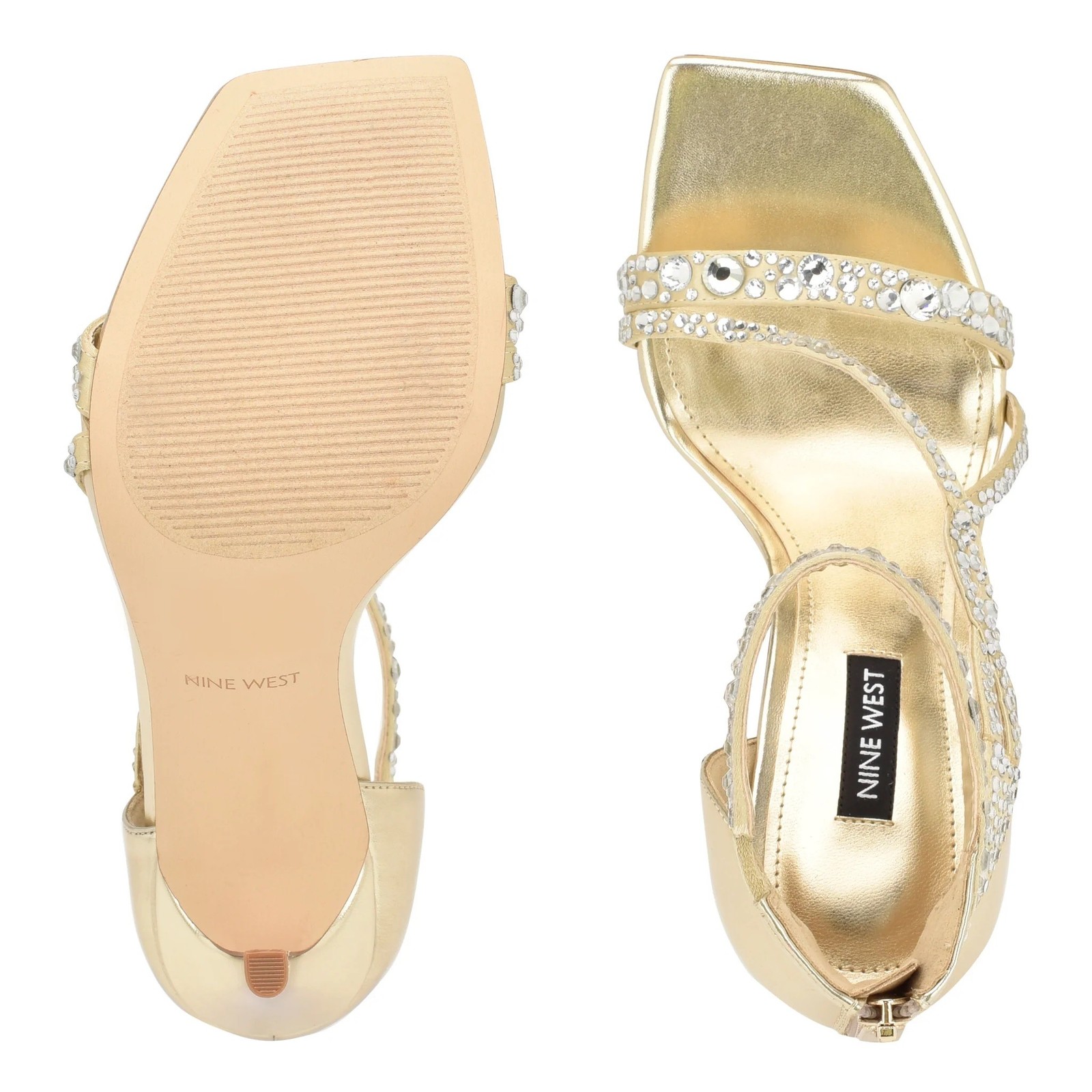 NINE WEST – TALLA, Gold faux leather rhinestone 4.25″ stiletto sandals, SZ 8