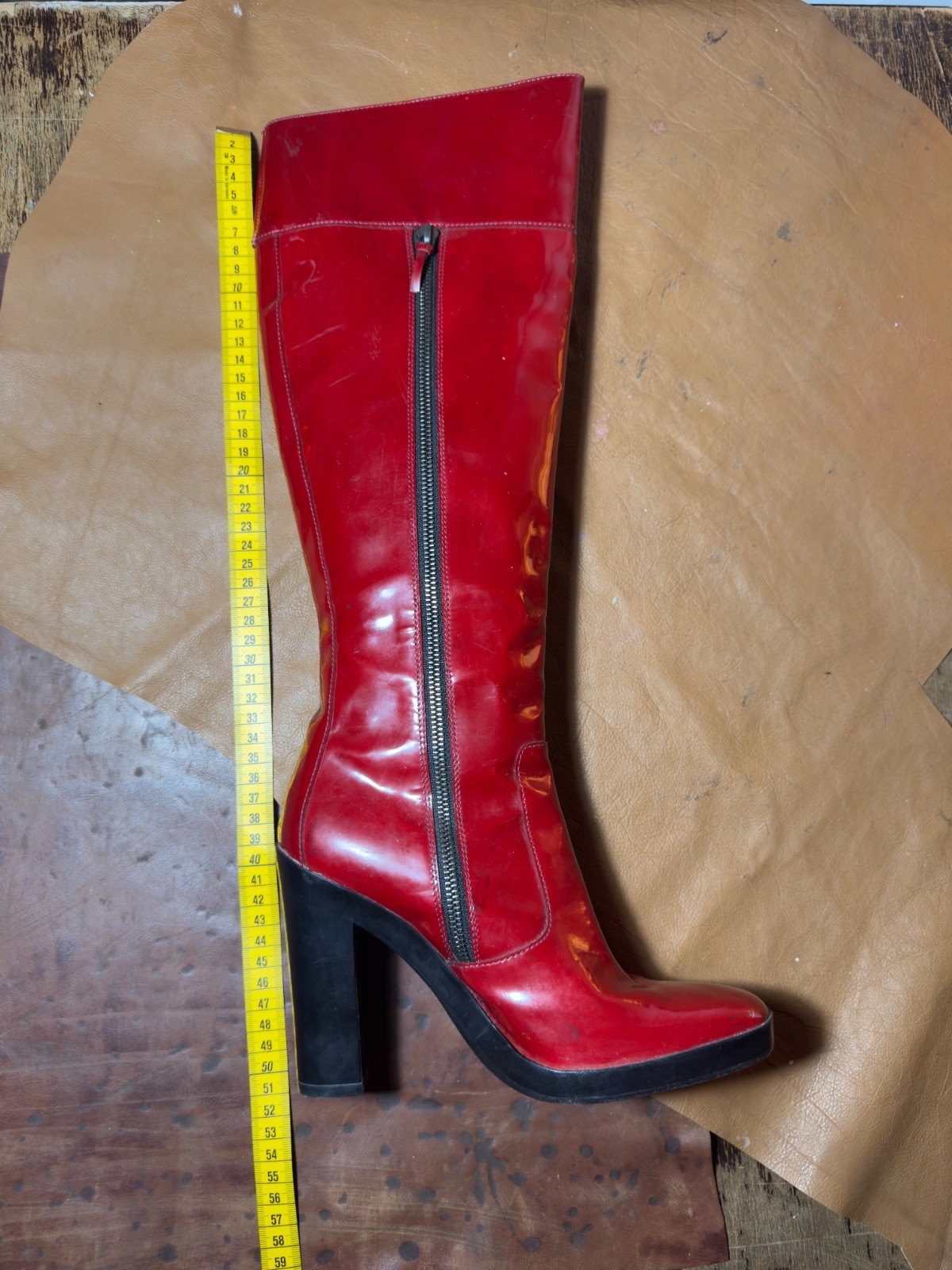 Vintage Balenciaga Red Patent Leather Knee High Boots Block Heel Woman