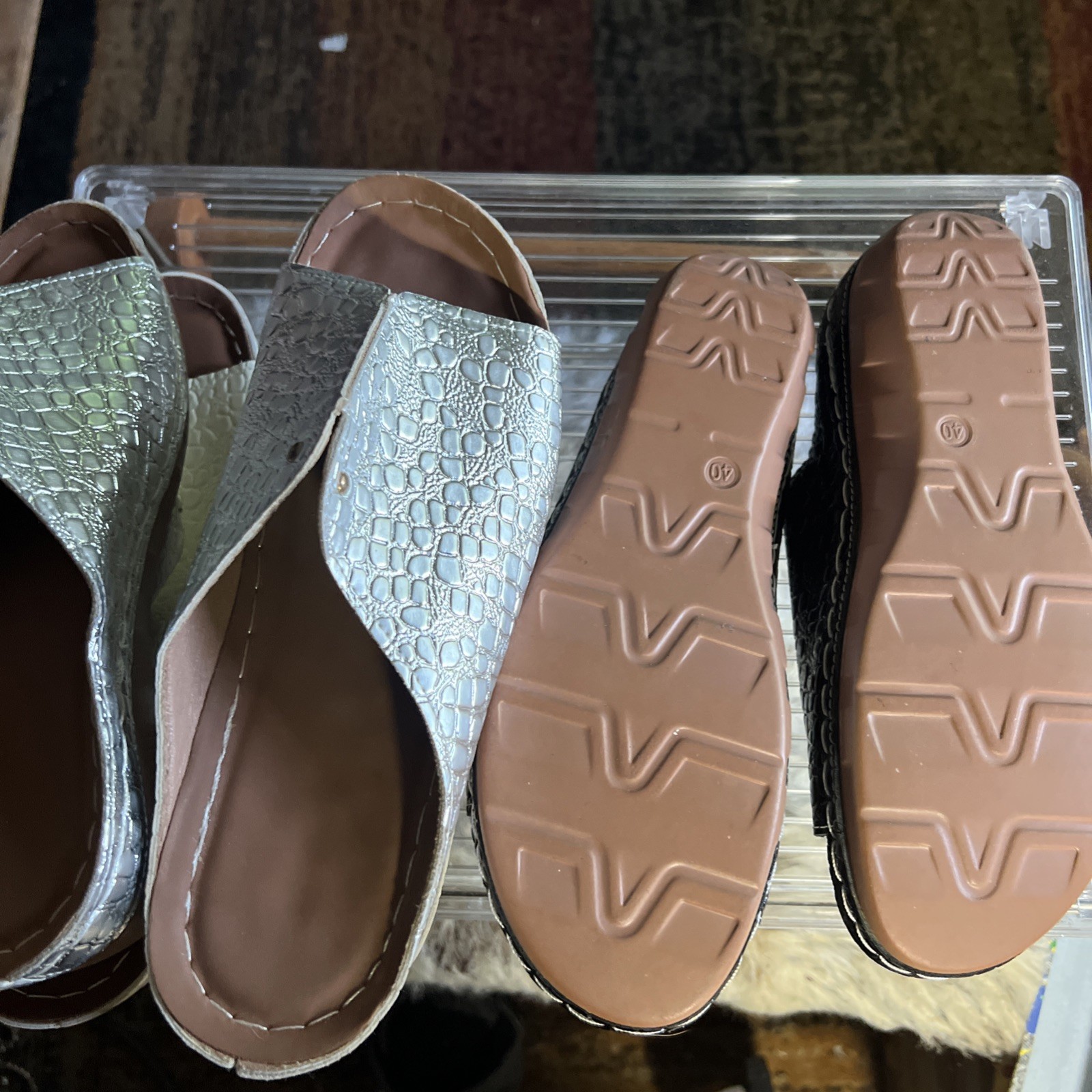 Three pair lot shiny silver black white Patent Finish Women’s Sandles 9 croc