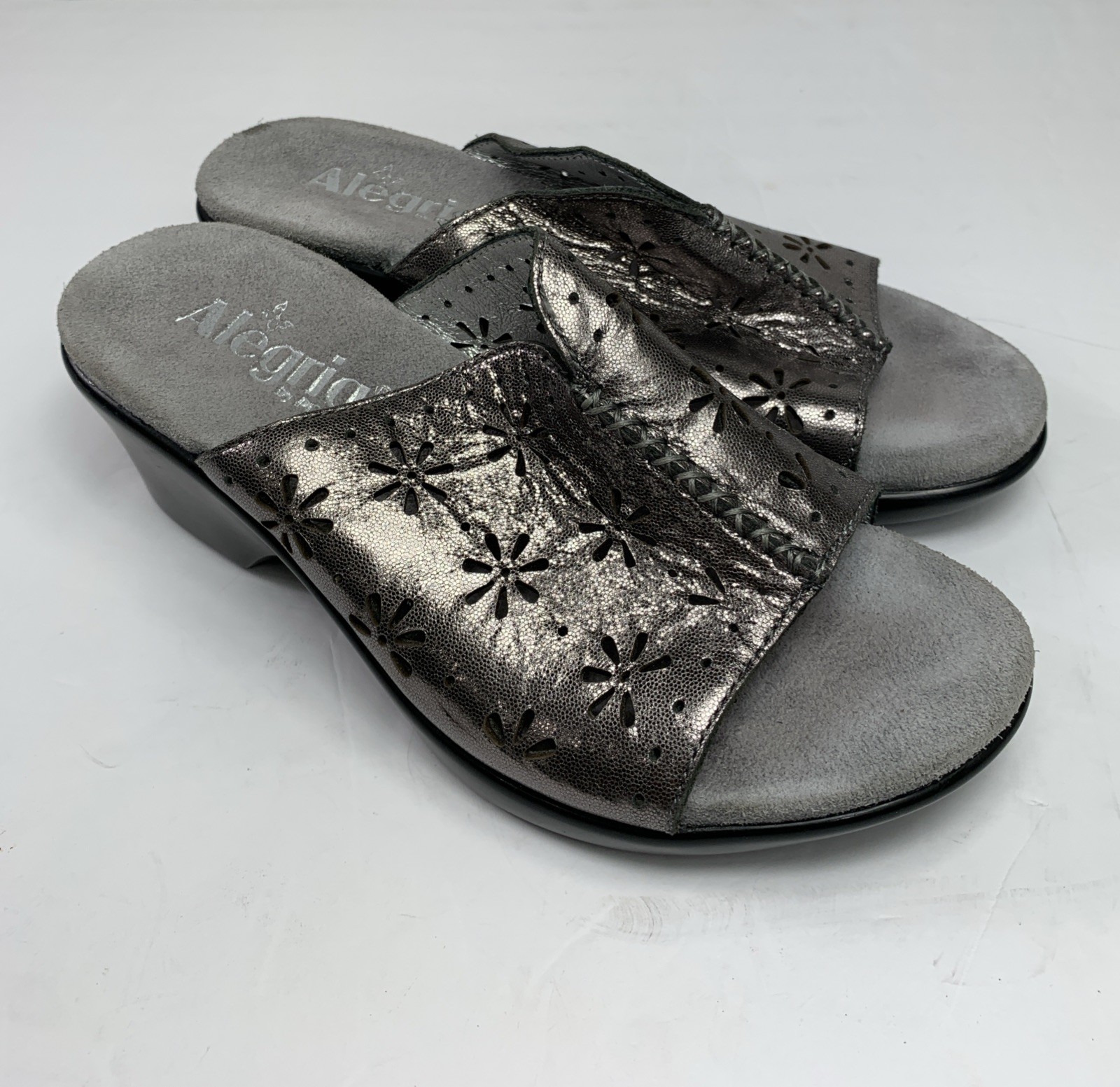 Alegria Sasha Uptown SAS-226 Pewter Leather Cut Slides Sandals Sz 36 US 6.5