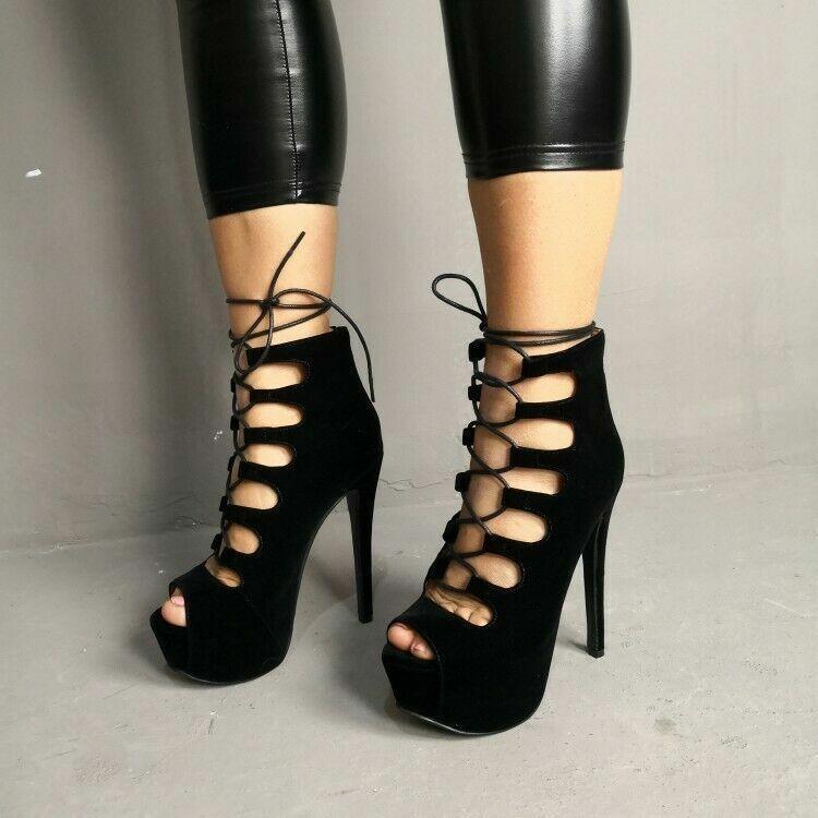Womens High Stiletto Heel Platform Peep Toe Lace Up Zip Sandals Shoes Oversize