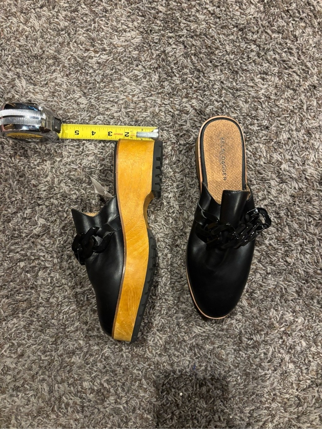 Kelsi Dagger Black Leather Chain-Trim Slip-On Mules