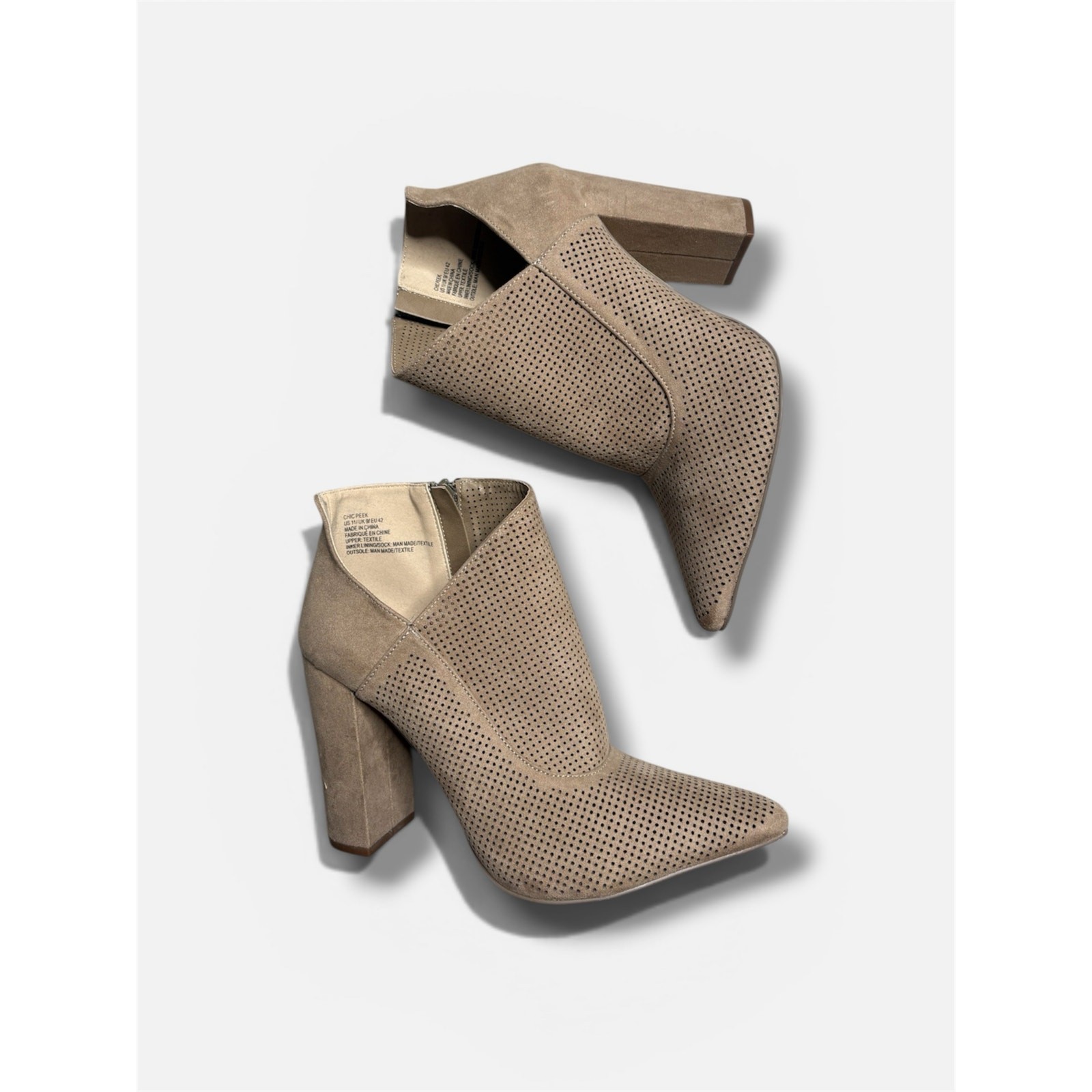 JustFab Perforated Ankle Boots Size 11 Taupe Tan Open Side Pointed Toe