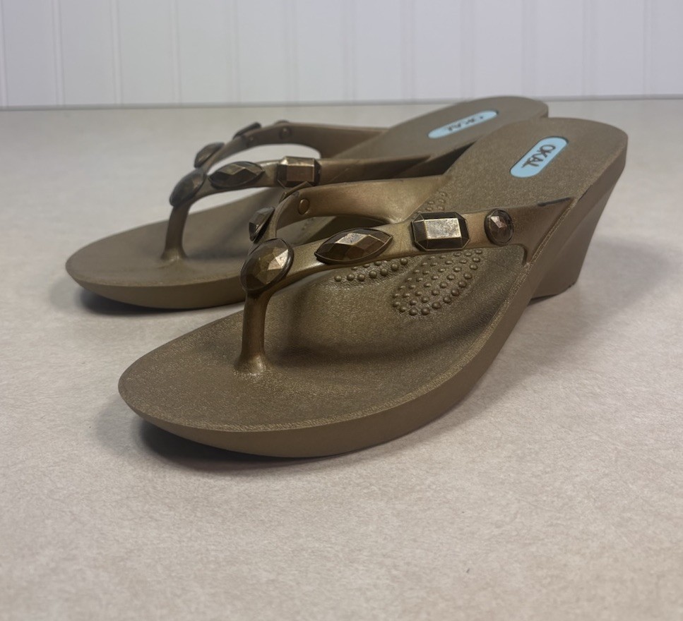 Oka B Alexa Jeweled Wedge Sandal Bronze Metallic Heel Flip Flop Womens S 25036