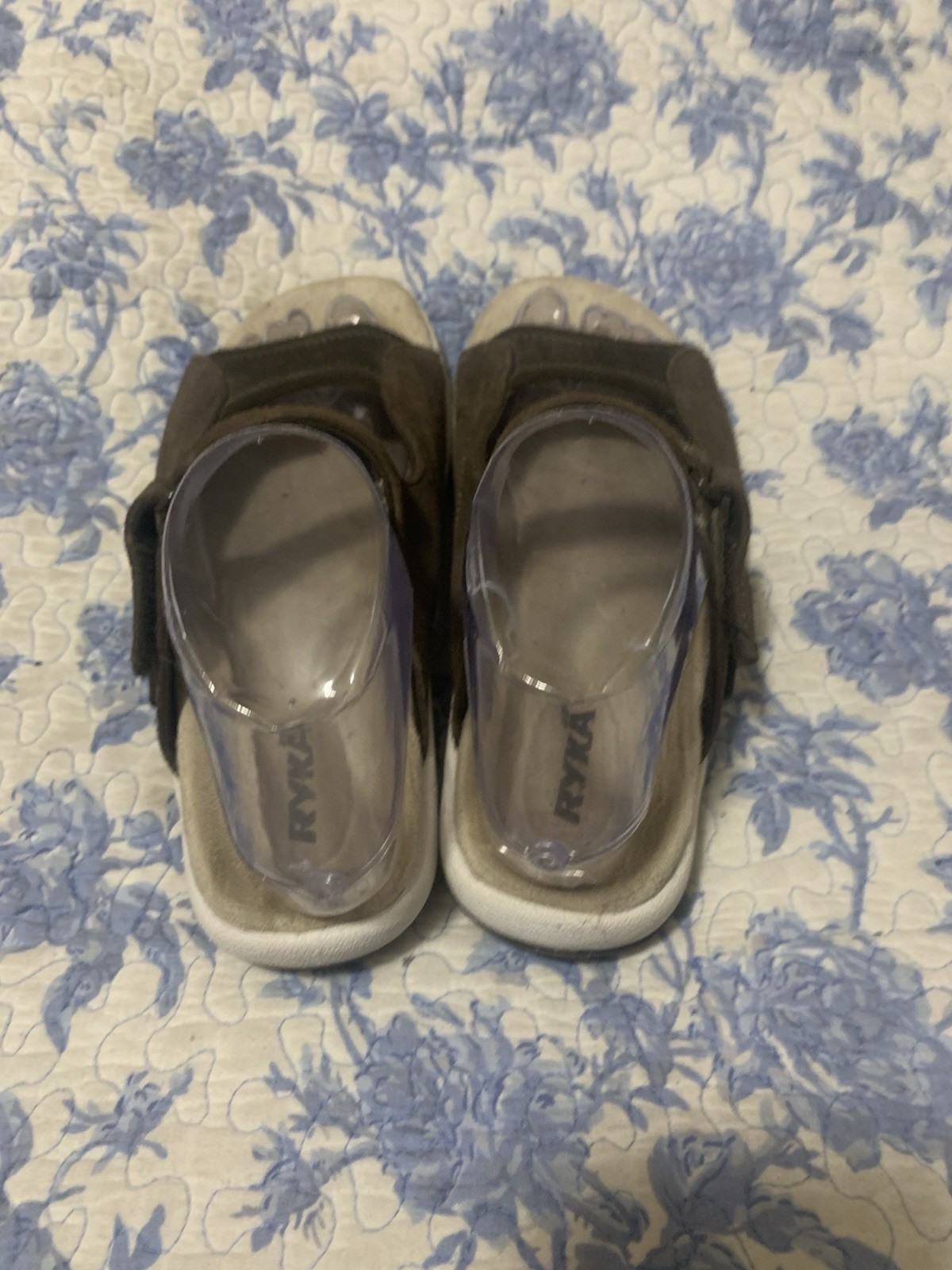 Ryka Women’s Leather Slide Sandals Brown/Beige Double Strap Hook & Loop US 7