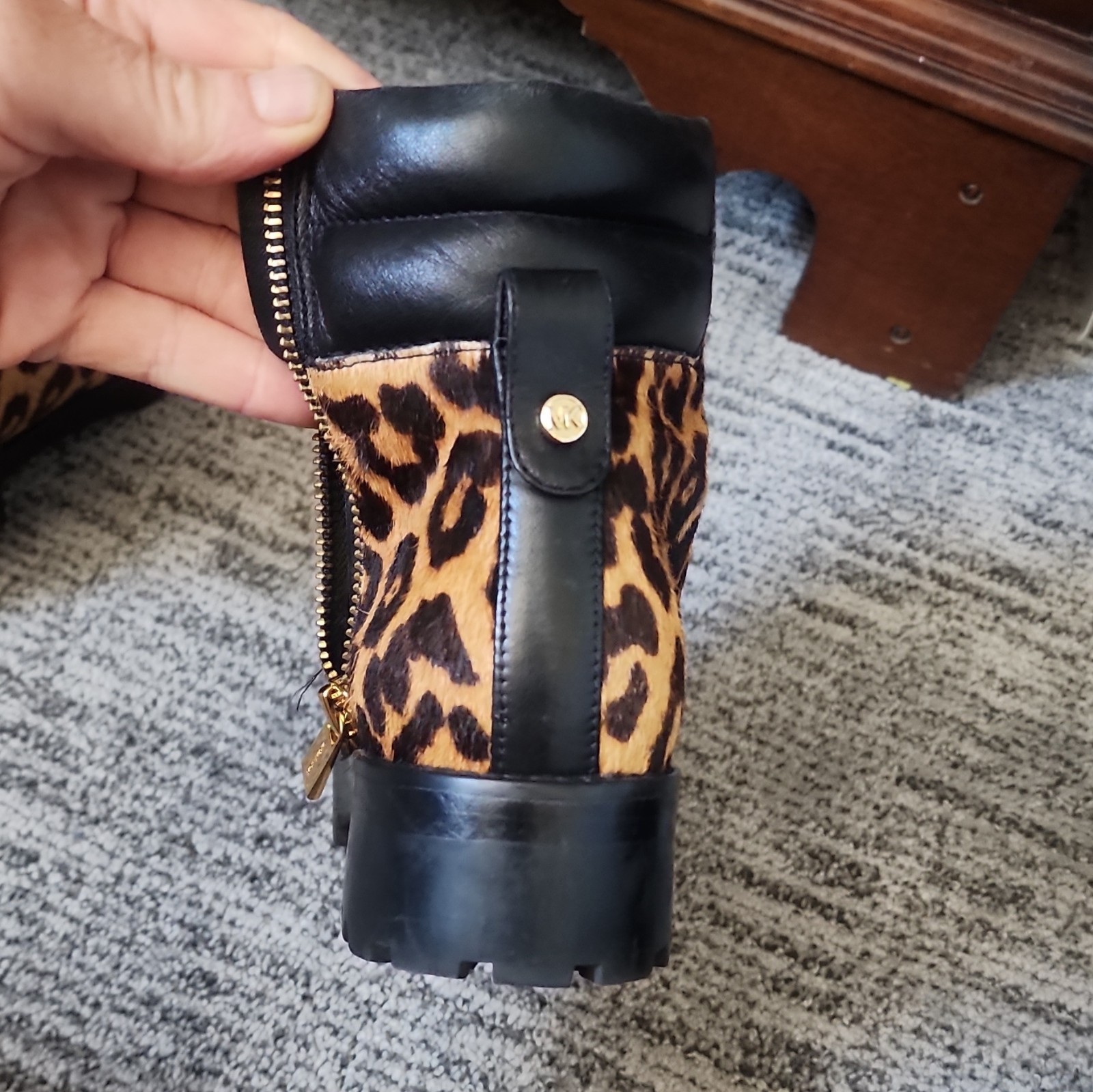 Michael Kors Animal Print Lace-Up Ankle Combat Boots Zipper Lug Sole 7.5M
