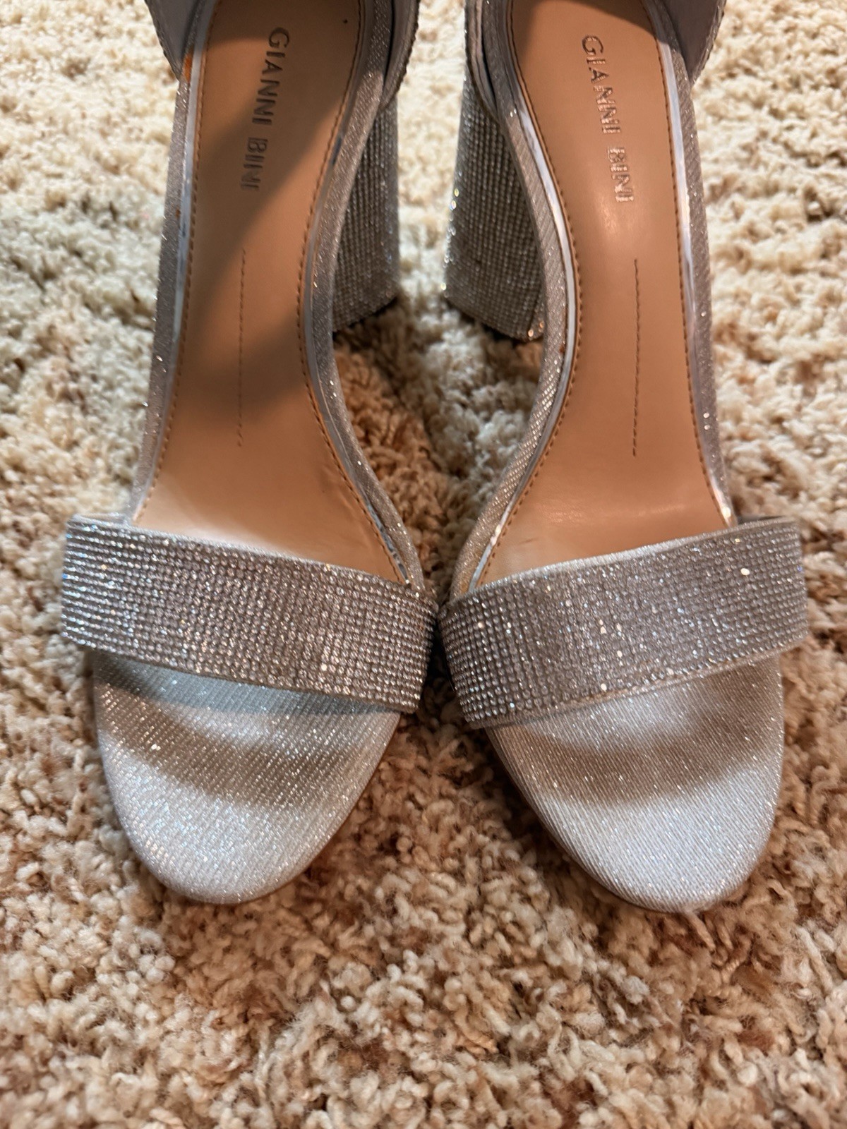 Gianni Bini Silver Glitter Rhinestone Strappy Ankle Strap Block Heel Sandals 9