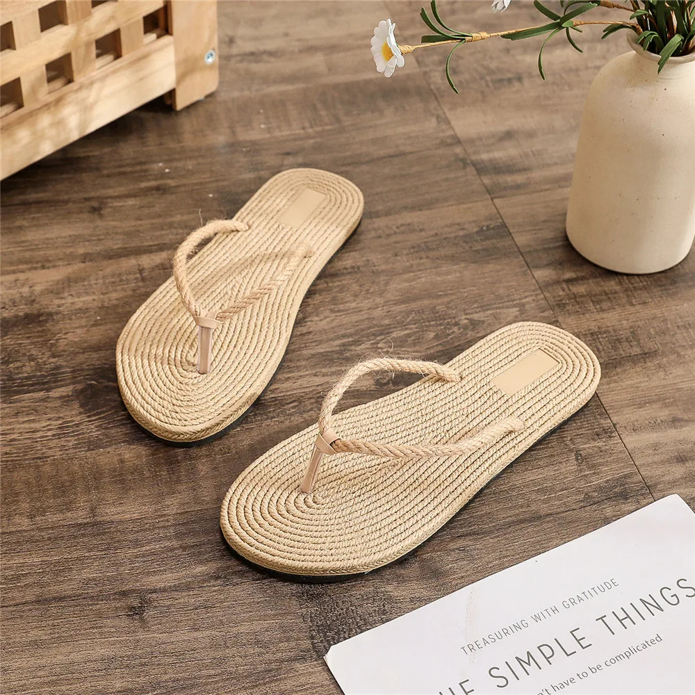 2025 Women Indoor Floor Flat Shoes Linen Flip Flops Home Slippers Female Slipper