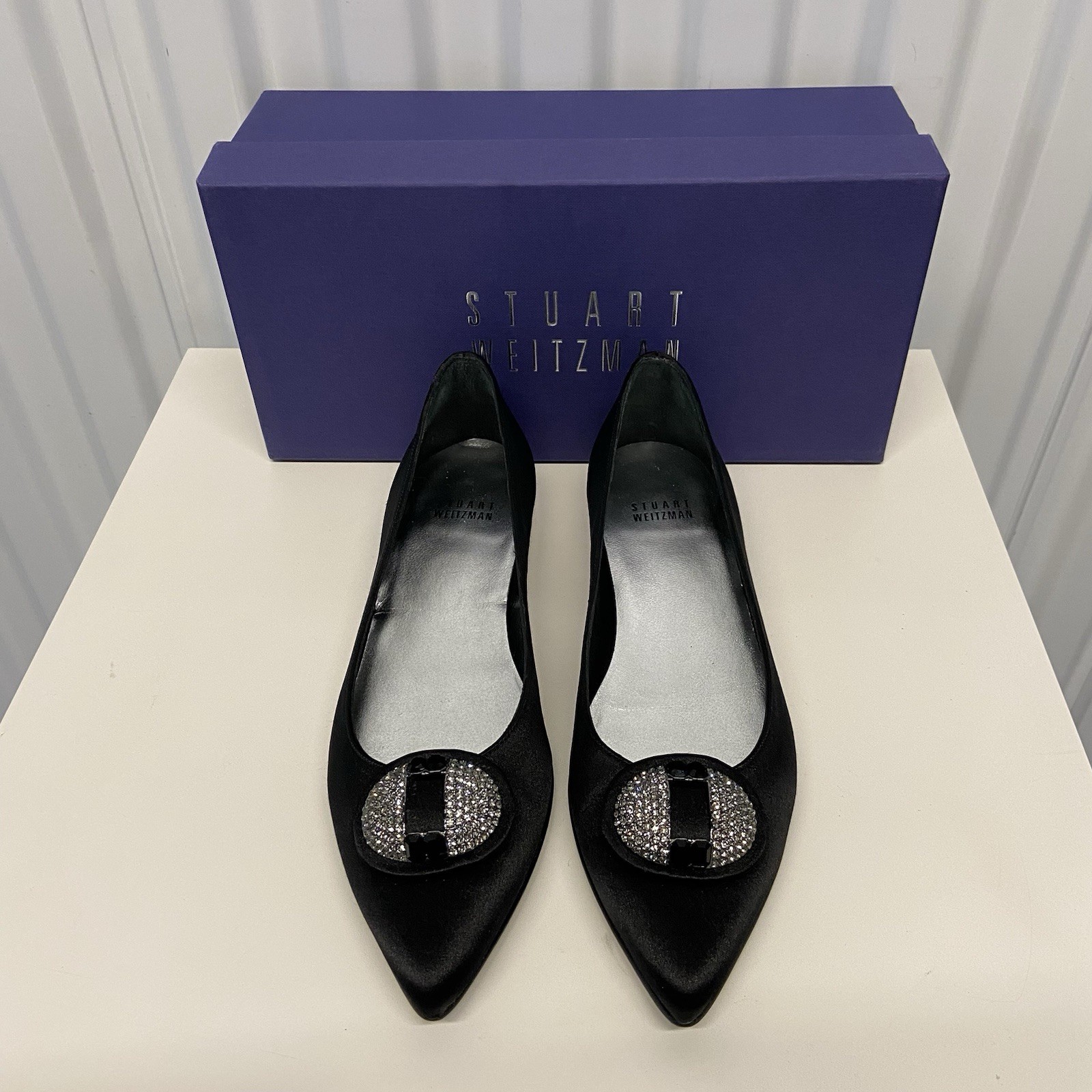 VTG 90s Stuart Weitzman Black Satin Pointed Toe Rhinestone Dress Flats 7 N