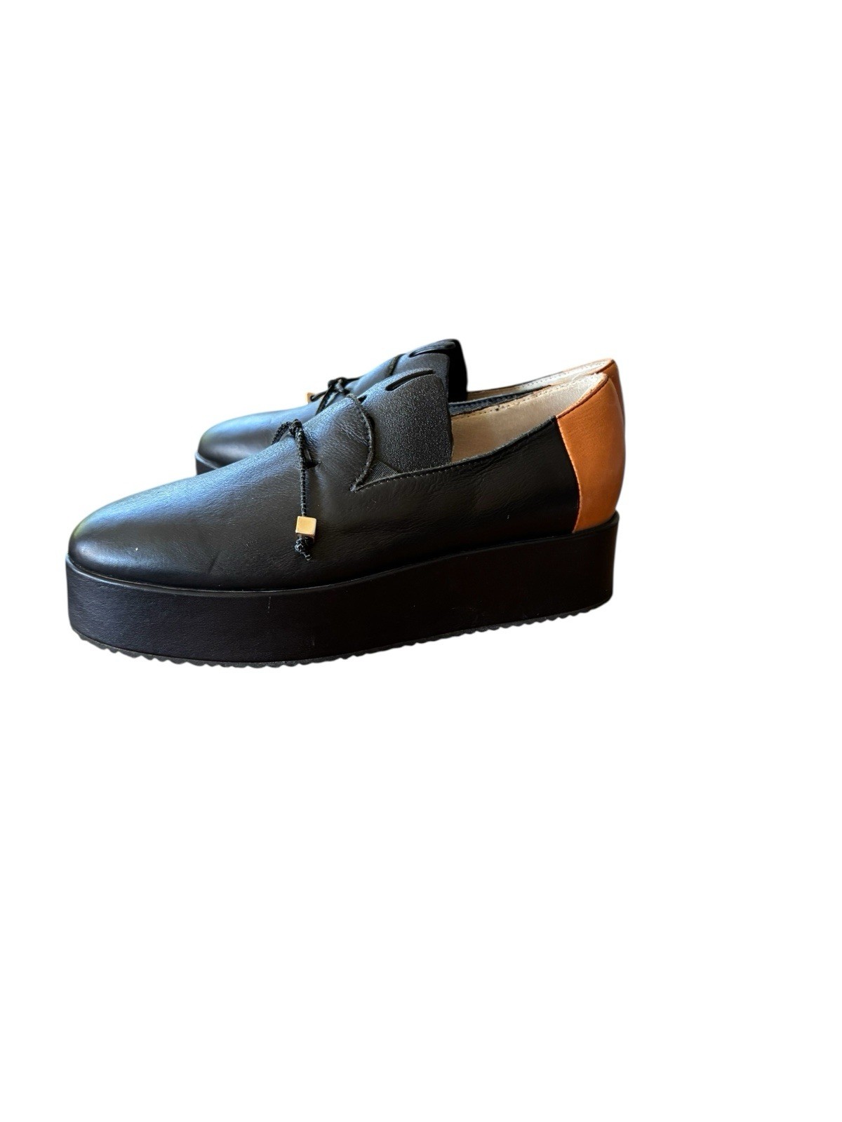 Trippen Germany Black Leather Platform Wedges Cube Bead Tie Minimalist Boho Sz 7