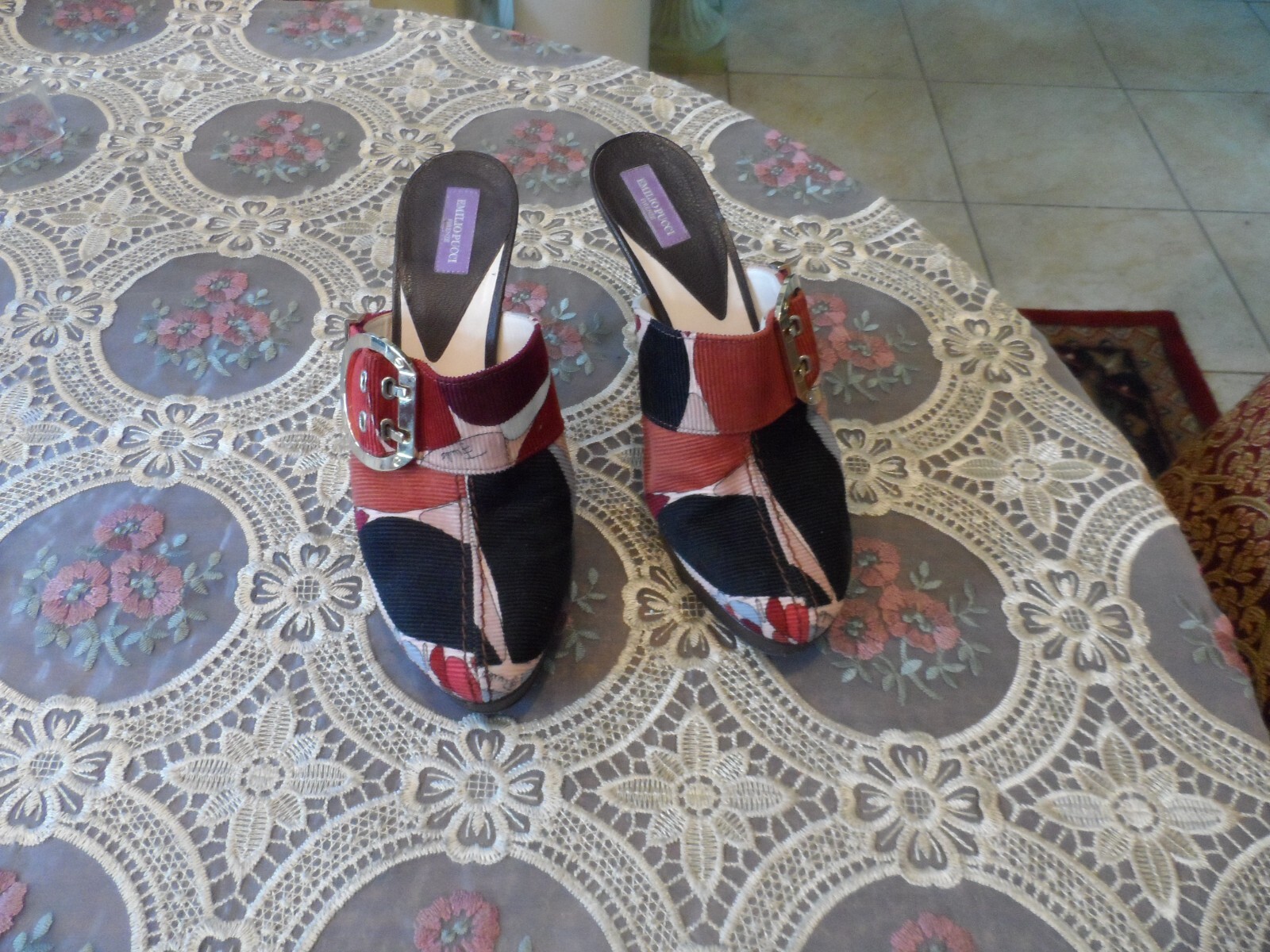 Emilio Pucci Brown Multi Color Corduroy Mules w/Gold LOGO Buckled Size 37.5B