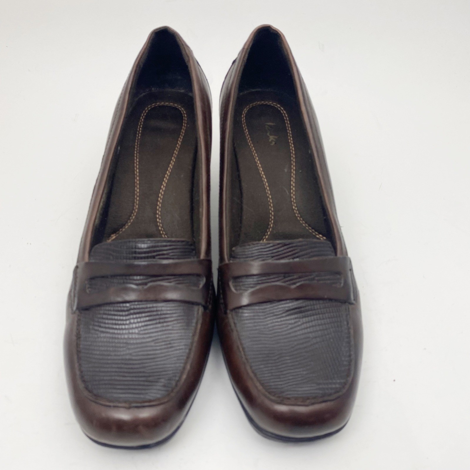 Clarks Penny Loafer Lizard Embossed Block Heel Pumps Womens 11W Brown