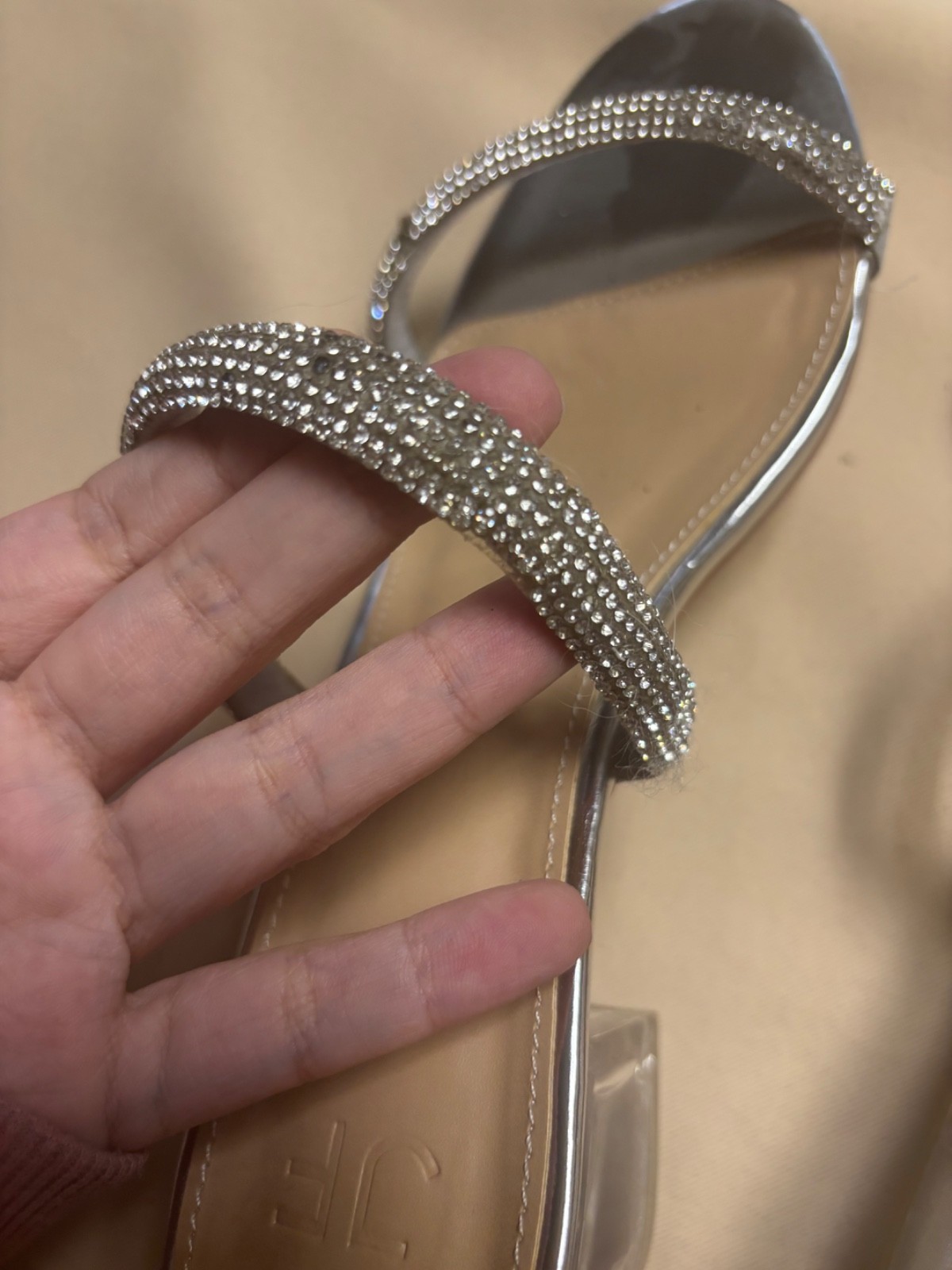 JustFab Block Heel Women’s Silver Chloe Slip On Strap Beaded Clear Sz 10 READ