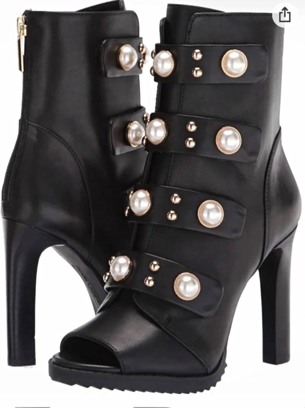 Karl Lagerfeld Paris Brayden Black Leather Pearl Studded Open Toe Bootie Zip 10M