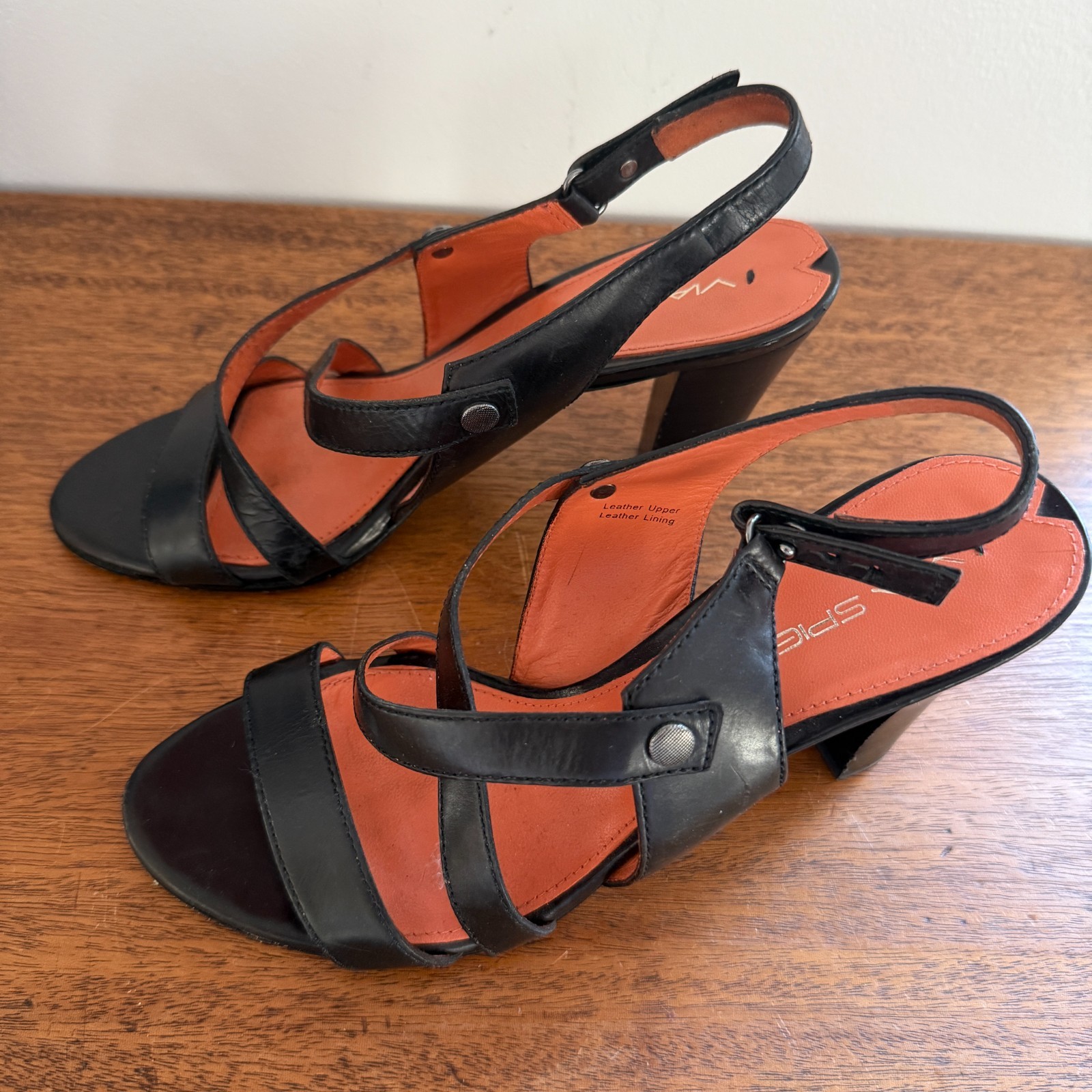 Via Spiga Black Leather Cross Strap Sandals Wood Block Heel Slingback Cross 7.5M