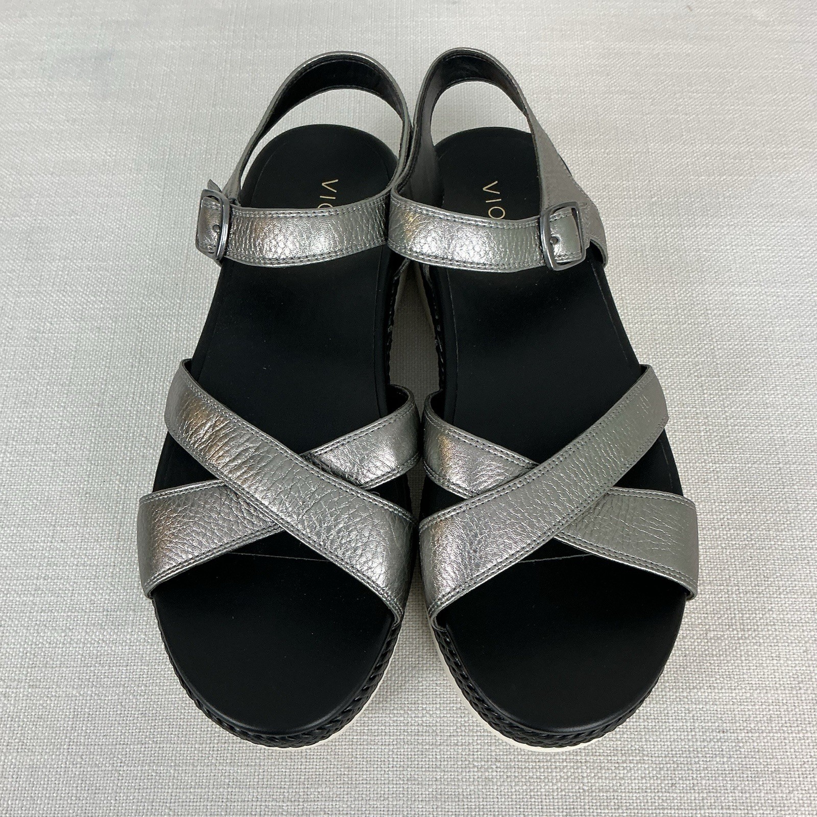 VIONIC Women’s Mar Strappy Metallic Pewter Black Leather Platform Sandals 10W