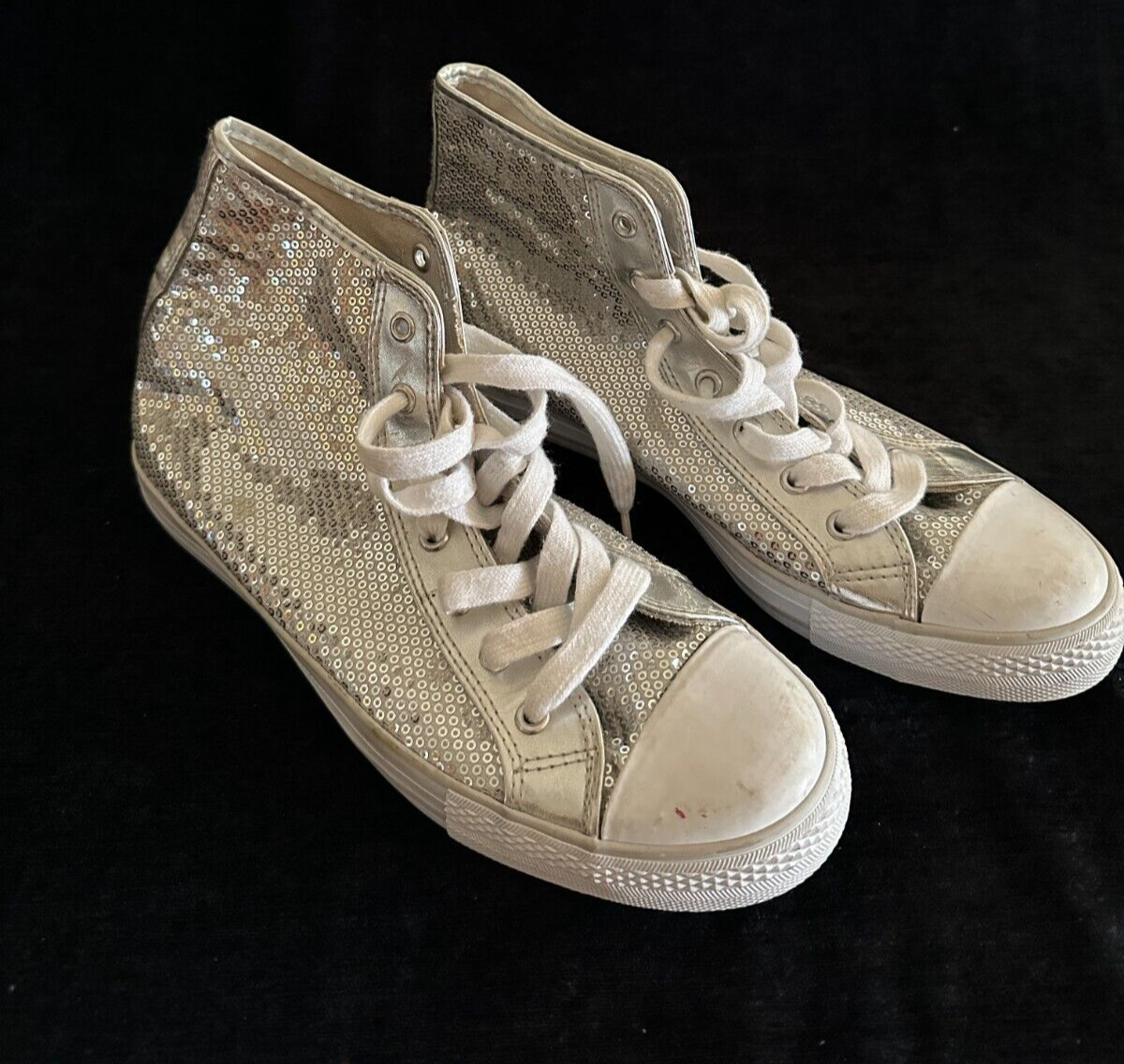 Gotta Flurt Disco Silver Sequin High Top Sneakers Size 10 Chucks White Laces