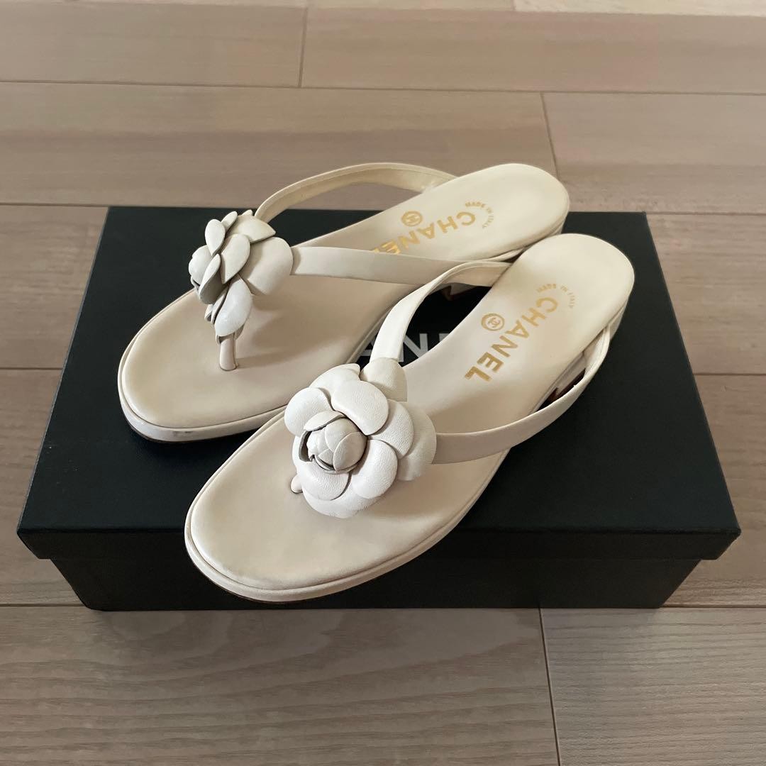 CHANEL Sandals Shoes Camellia EU 36.5 US 6.5 Off White Authentic