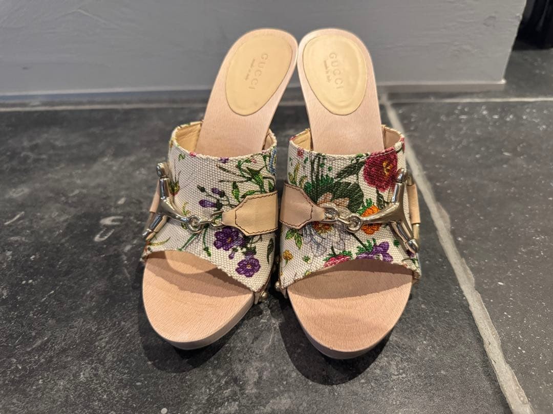 Gucci Flora Canvas Wood Heel Sandals Multicolor US6.5 EU36 149910 USED Auth
