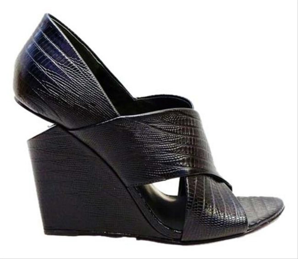 NEW ALEXANDER WANG Black IDA Wedges Lizard Leather Peep Open Toe Sandals 38 8
