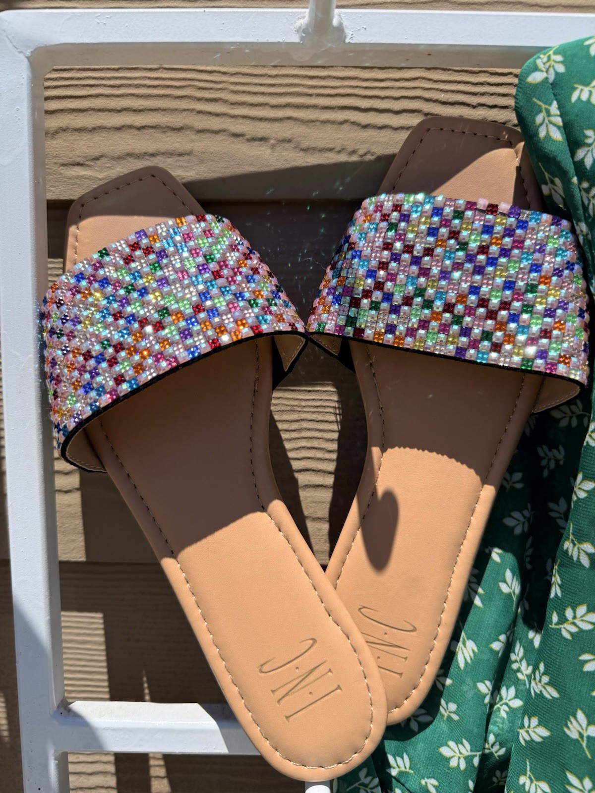 NYC New Multicolor Colorblock Beaded square Strap Slide Sandals Women’s US 9