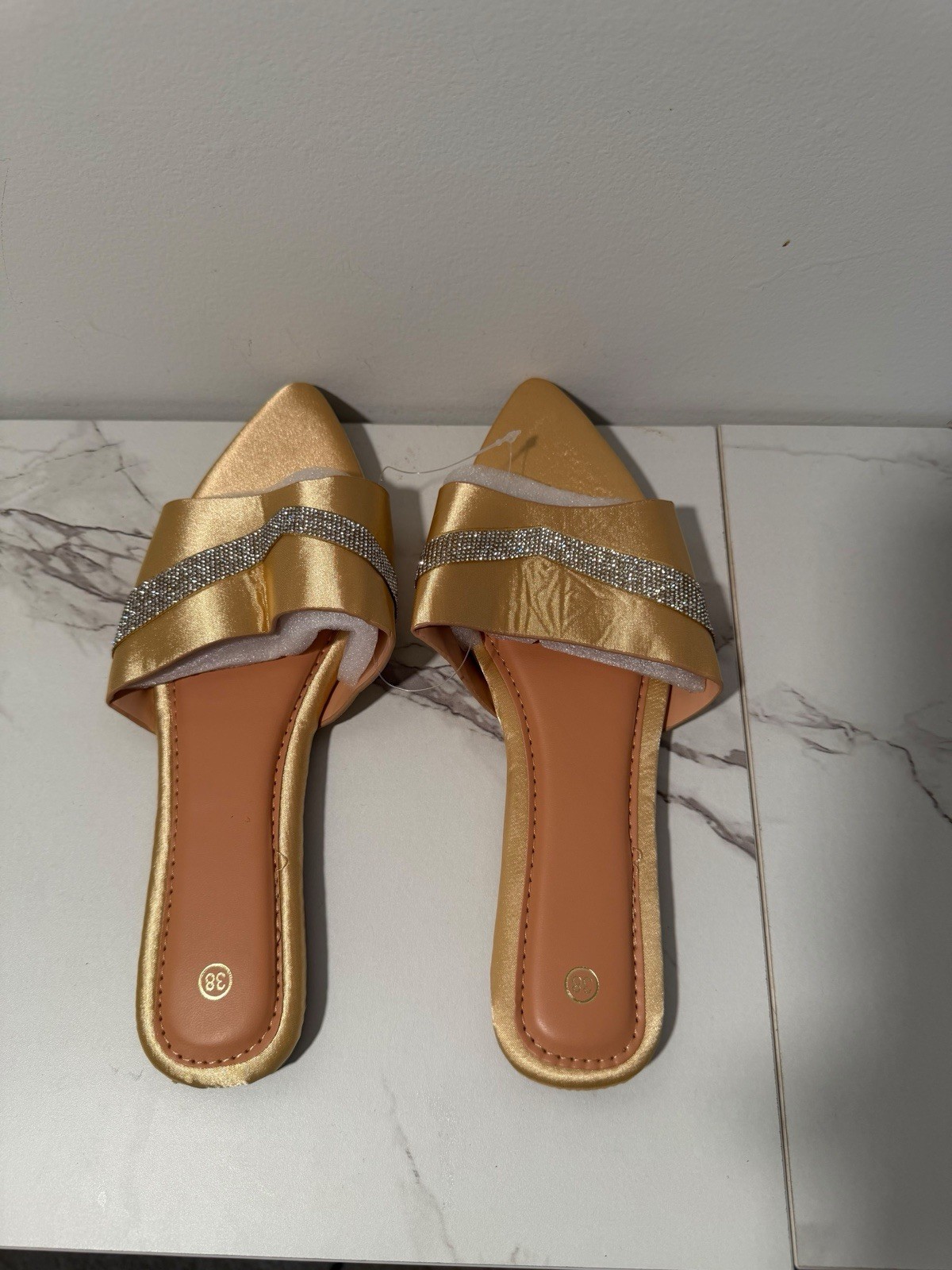 Women’s Gold Leather Slide Sandals Slip-On Rhinestone Strap Solid EU38 US8