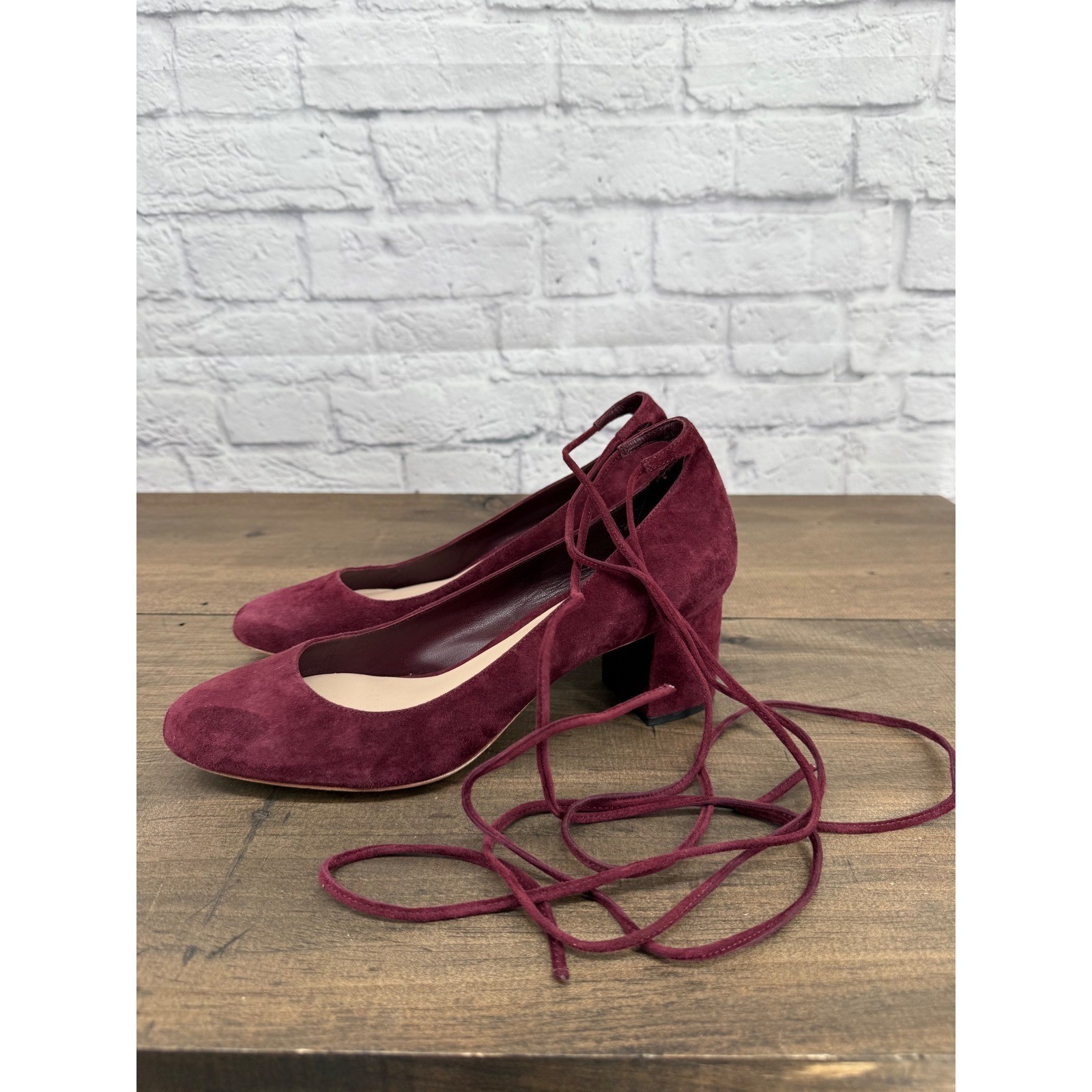 Loeffler Randall Clara Burgundy Suede Ankle Wrap Block Heel Pumps 9B Balletcore