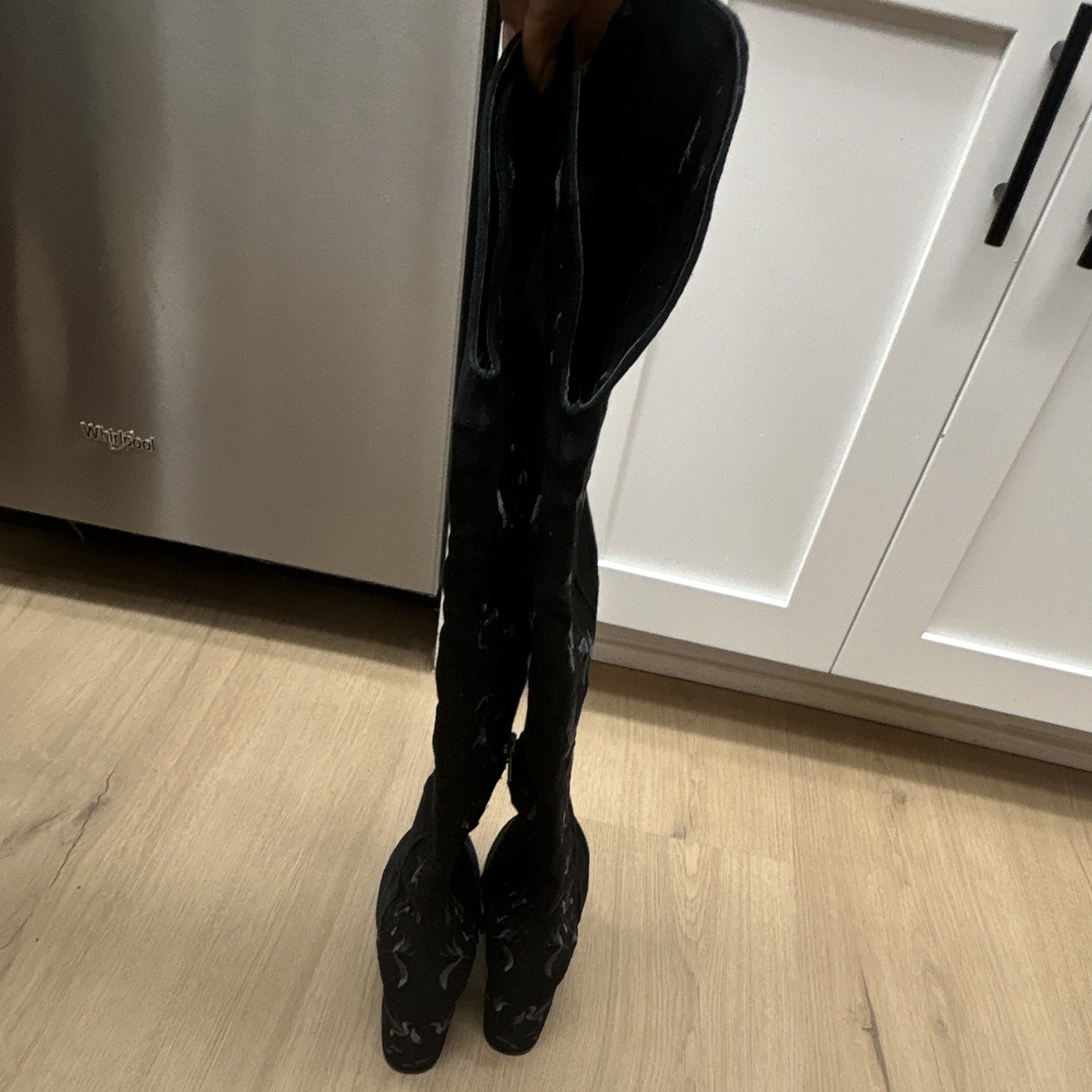 Kenneth Cole Womens Black Suede Thigh High Boot Floral Embroidered Zip 7.5