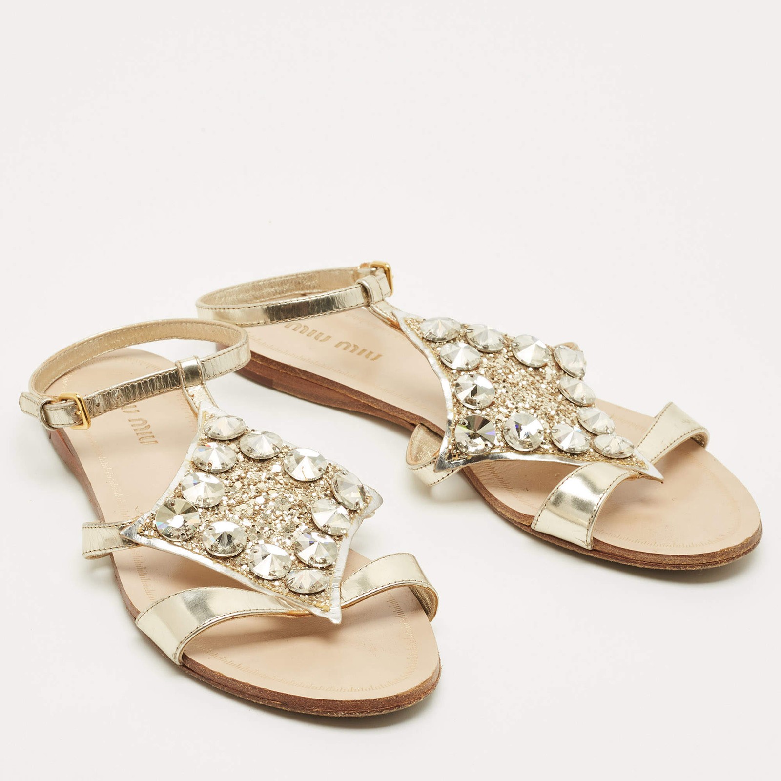Miu Miu Size 35 Silver Foil Leather Crystal Embellished Ankle Strap Flat Sandals