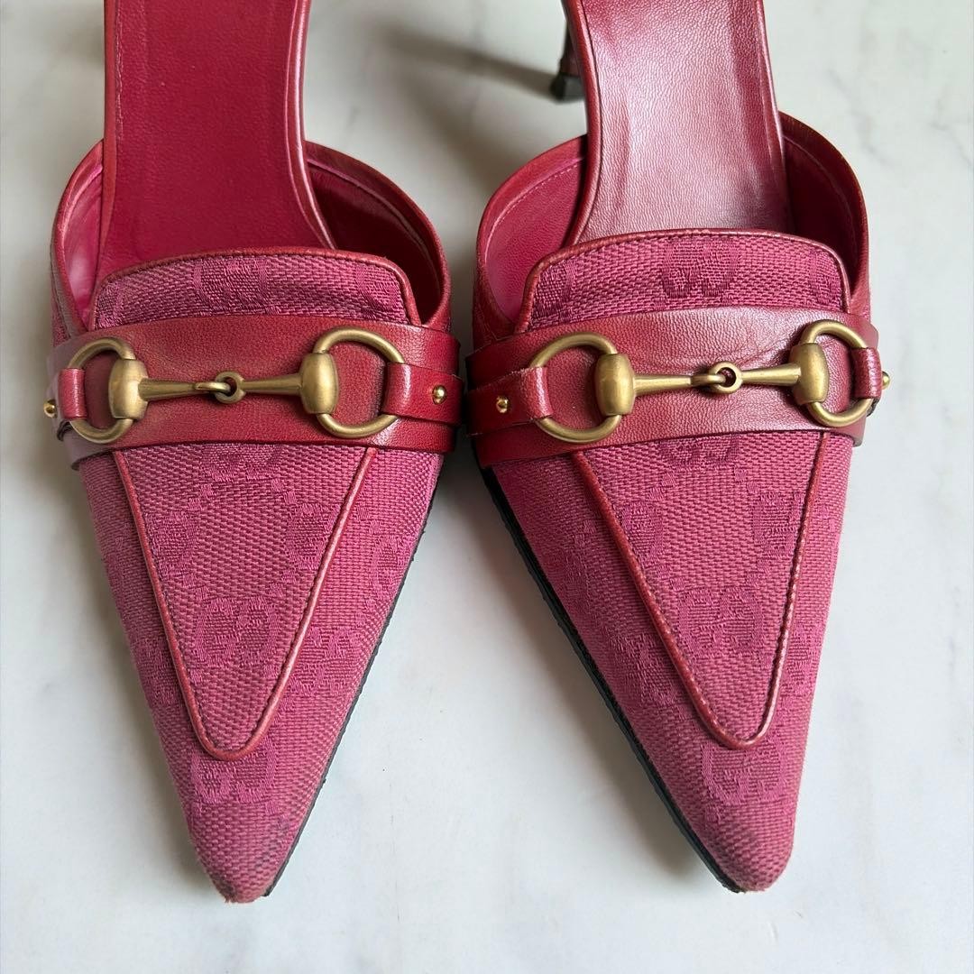 Gucci GG Pattern Mule Sandals Size 34H Pink Canvas Leather Rare