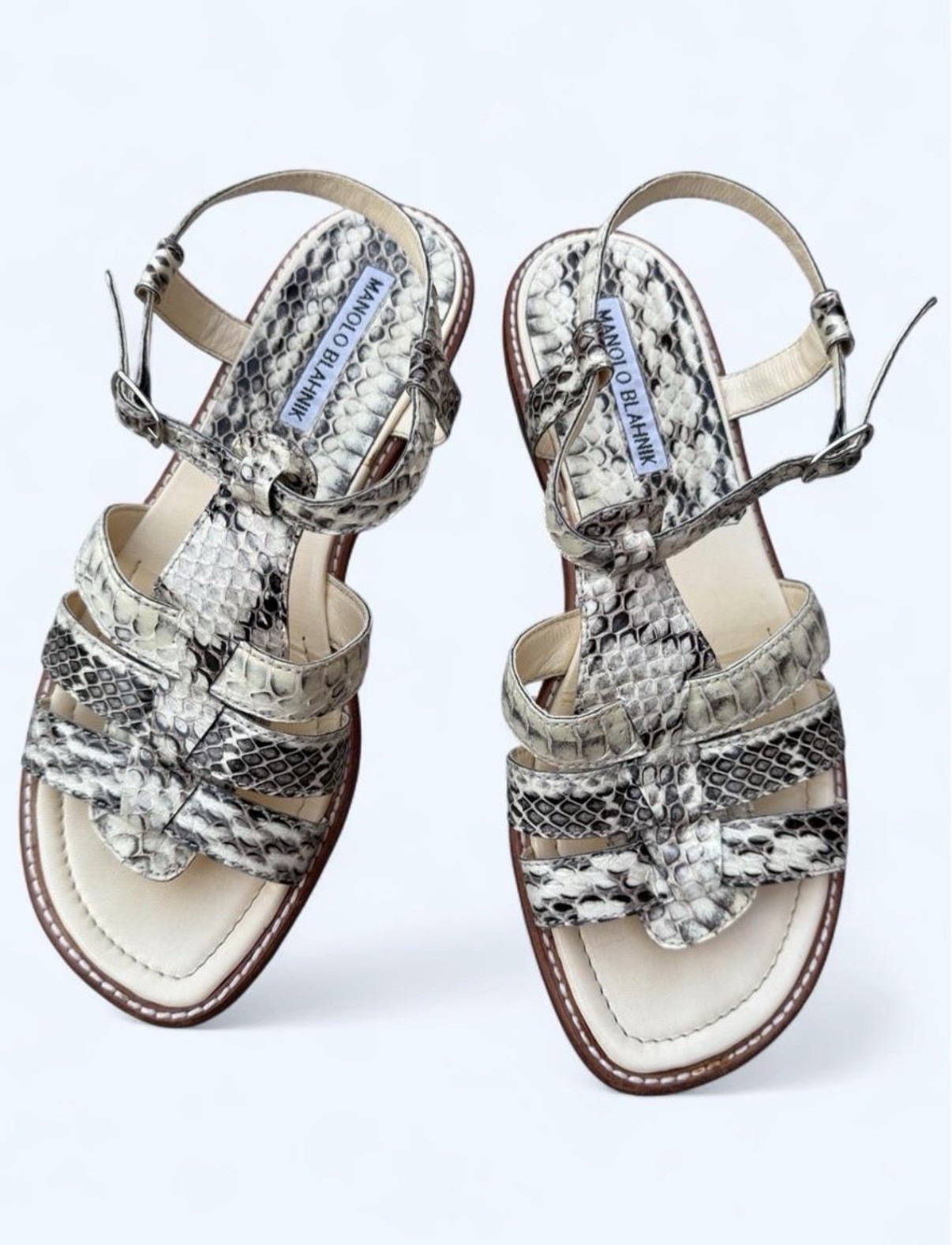Manolo Blahnik Designer White & Black Snake Print Strappy Sandals Size EU 36.5