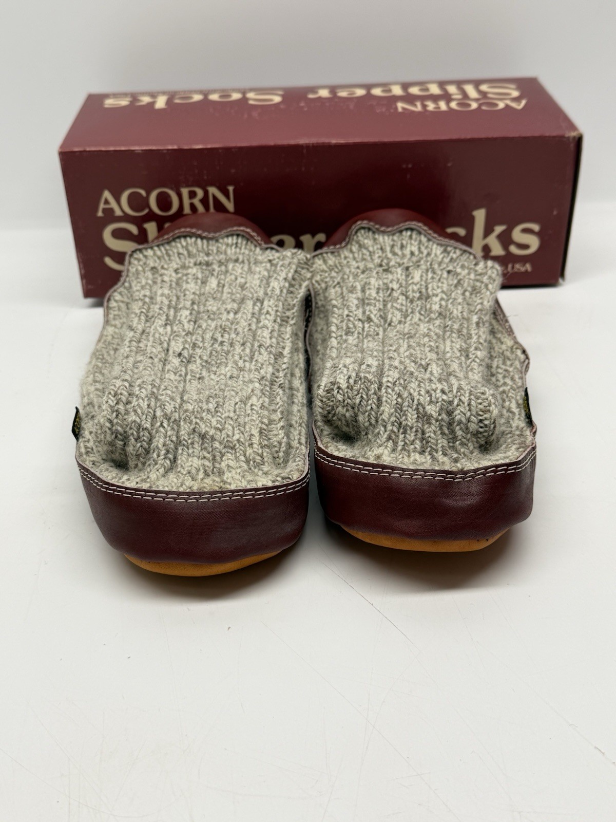 Acorn Tall Slipper Sock Leather Wool Women 9-10 Heathered Gray Wool Leather USA
